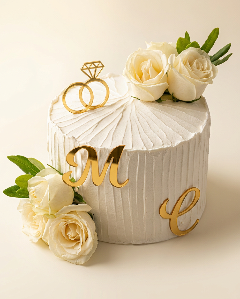 Pastel de boda íntimo en buttercream marfil con iniciales M y C en oro espejo, rosas blancas frescas y topper de anillos entrelazados