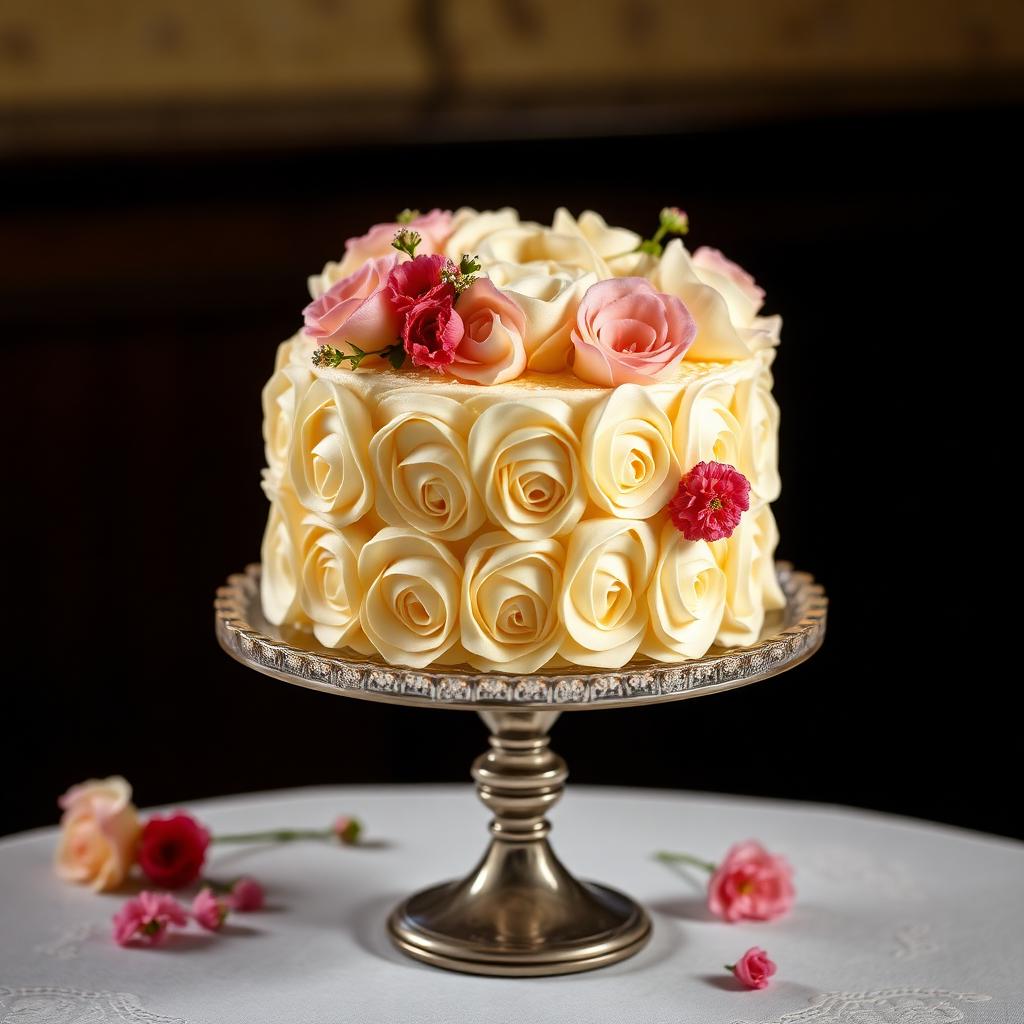 Pastel clásico con rosetones de buttercream y flores