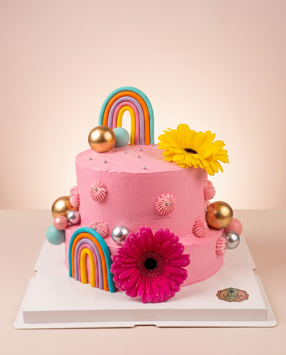 Pastel de dos pisos rosa con arcoíris de fondant, gerberas vibrantes y esferas metálicas