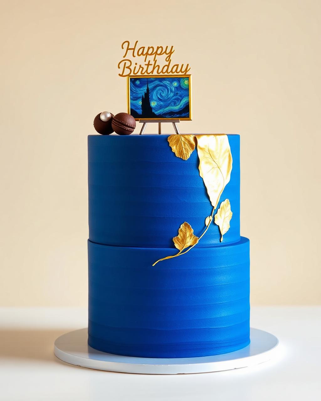 Pastel azul profundo con topper artístico inspirado en una noche estrellada y detalles dorados