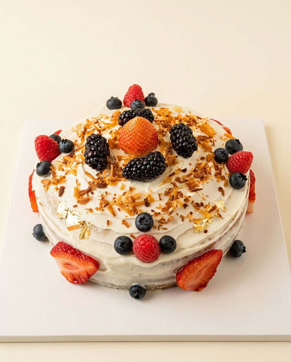 Pastel rústico estilo naked con frutos rojos frescos, coco tostado y hojas de oro comestible