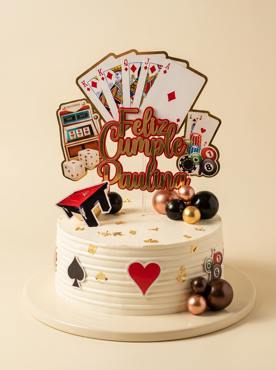 Pastel blanco con temática de casino: cartas, dados, ruleta, fichas, corazón rojo y espada negra