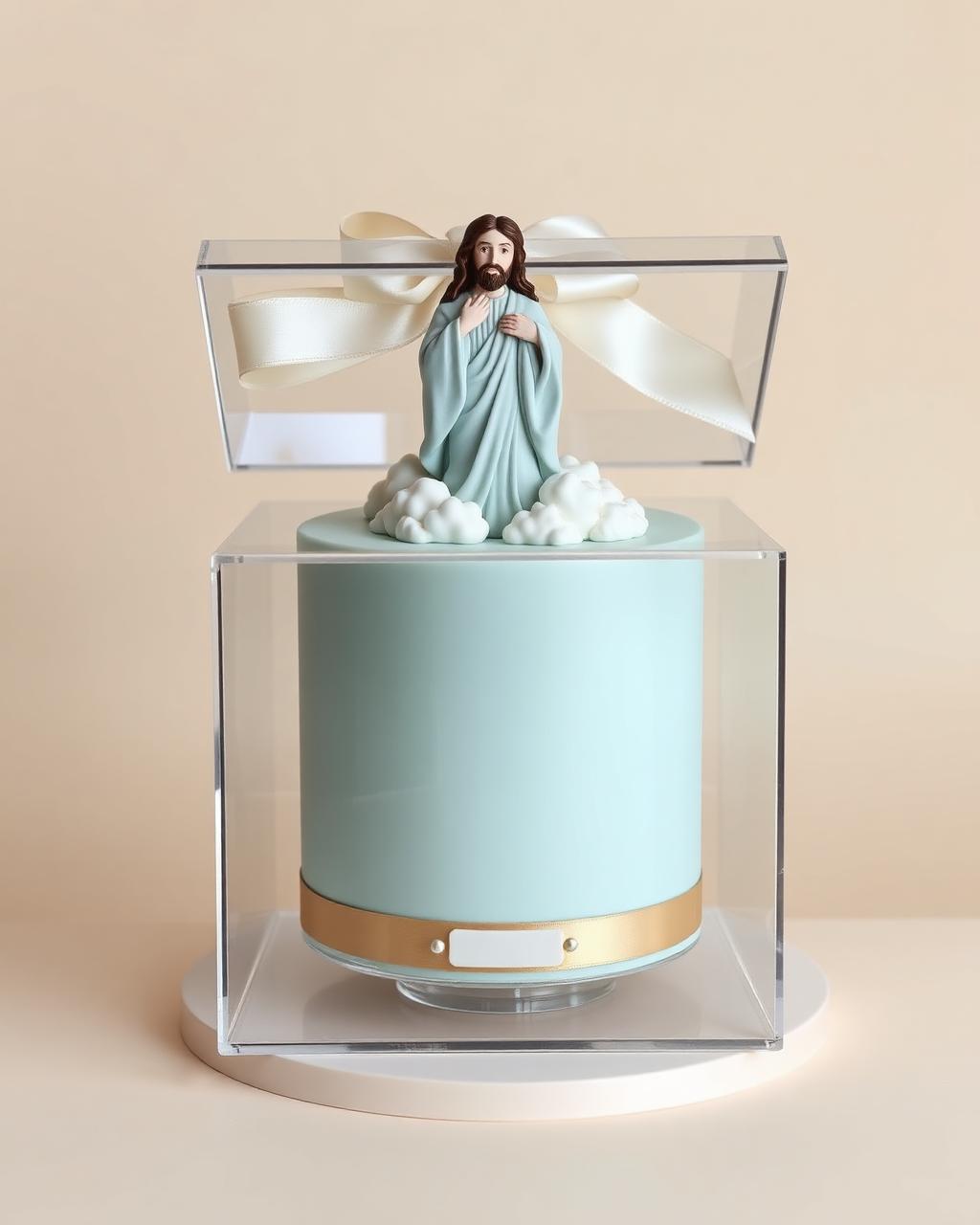 Pastel azul cielo dentro de caja transparente con figura inspirada en Jesús entre nubes