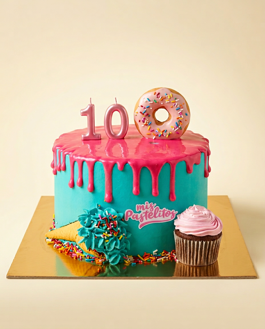 Pastel turquesa con drip rosa fucsia, donut con sprinkles y cono de helado cascada