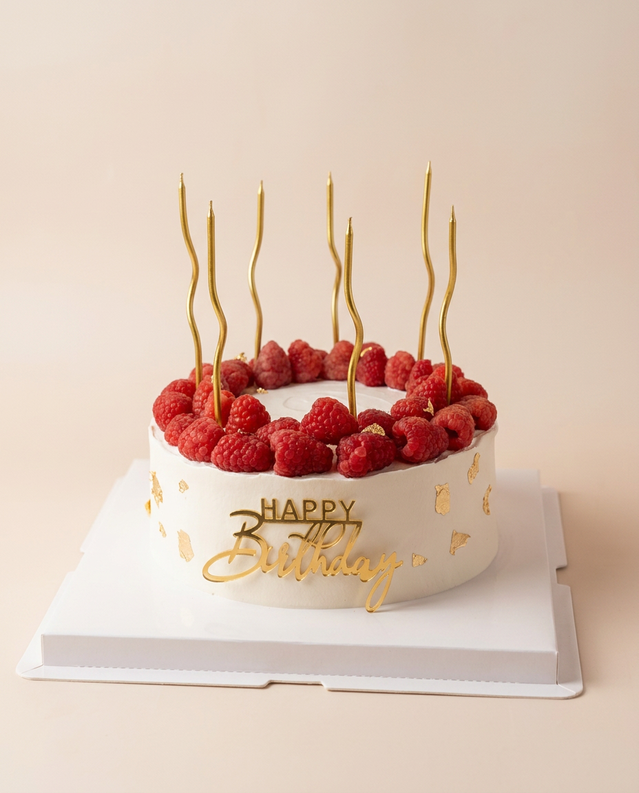 Pastel blanco minimalista con corona de frambuesas frescas y hojas de oro