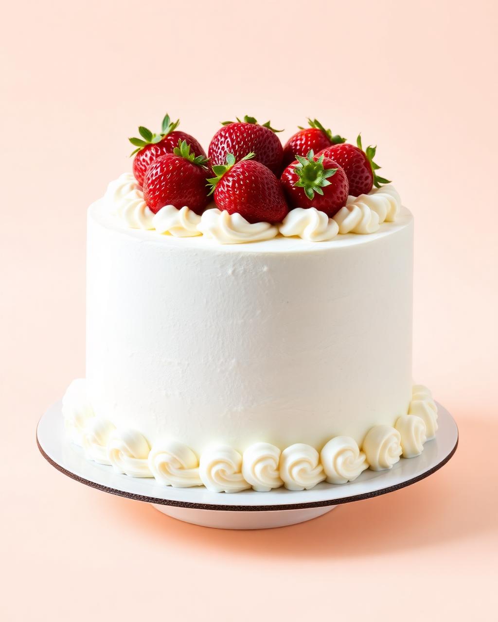 Pastel blanco clásico con fresas frescas enteras y bordes de crema