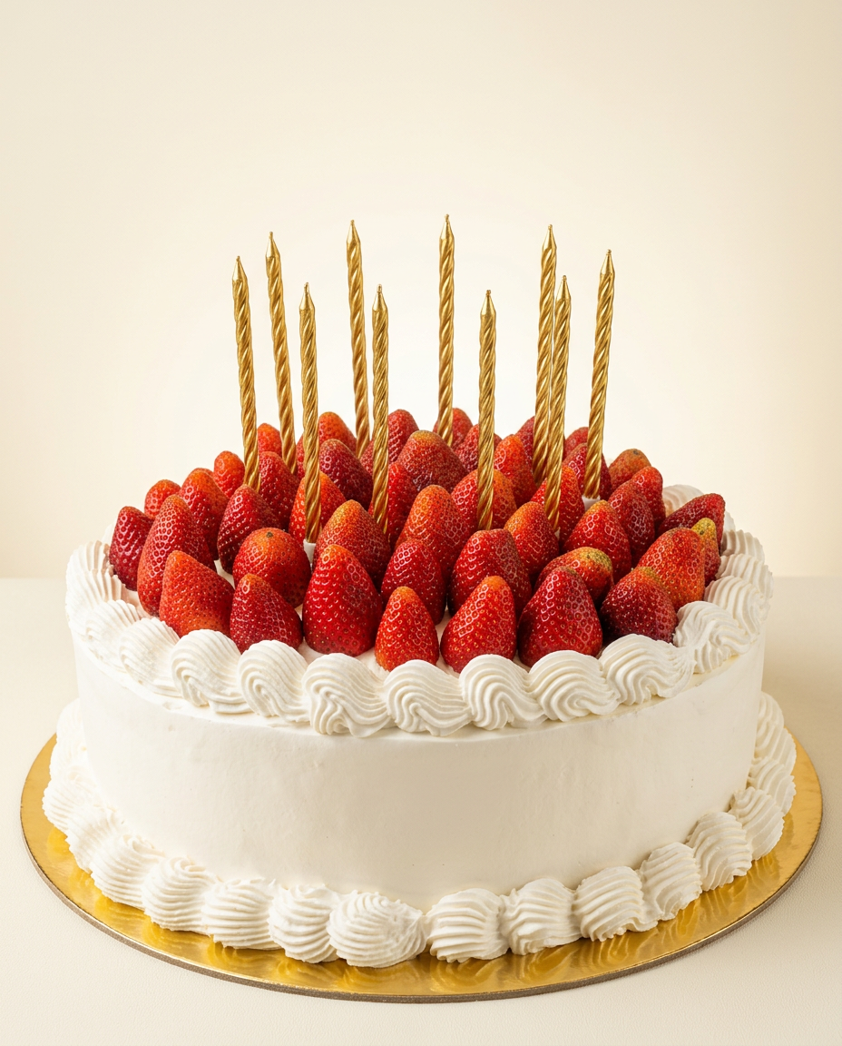 Pastel blanco clásico cubierto con fresas frescas enteras y velas espiral doradas