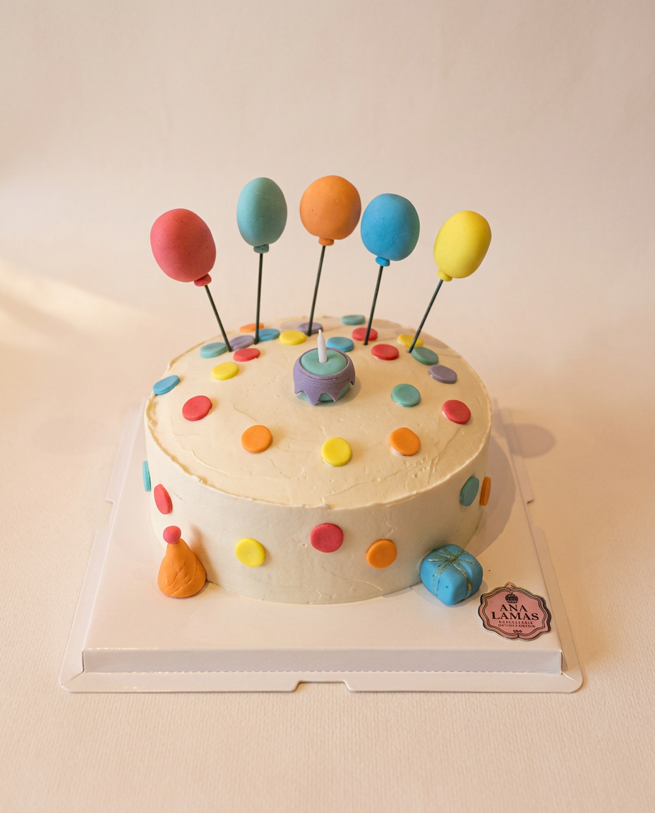 Pastel infantil de buttercream con confeti de fondant multicolor y globos esféricos