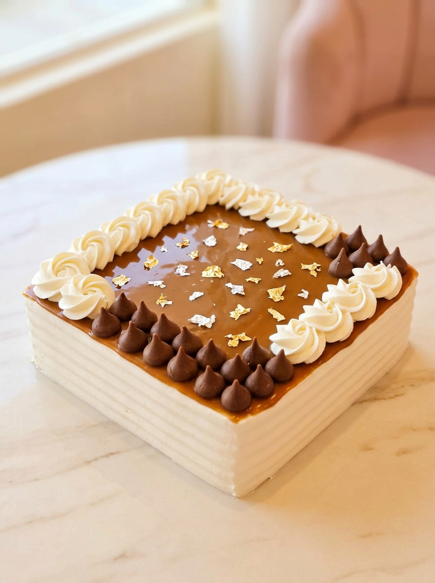Pastel cuadrado con espejo de manjar dorado, hojuelas de oro y plata 24k, rosetones de crema y chocolates Hershey's Kisses