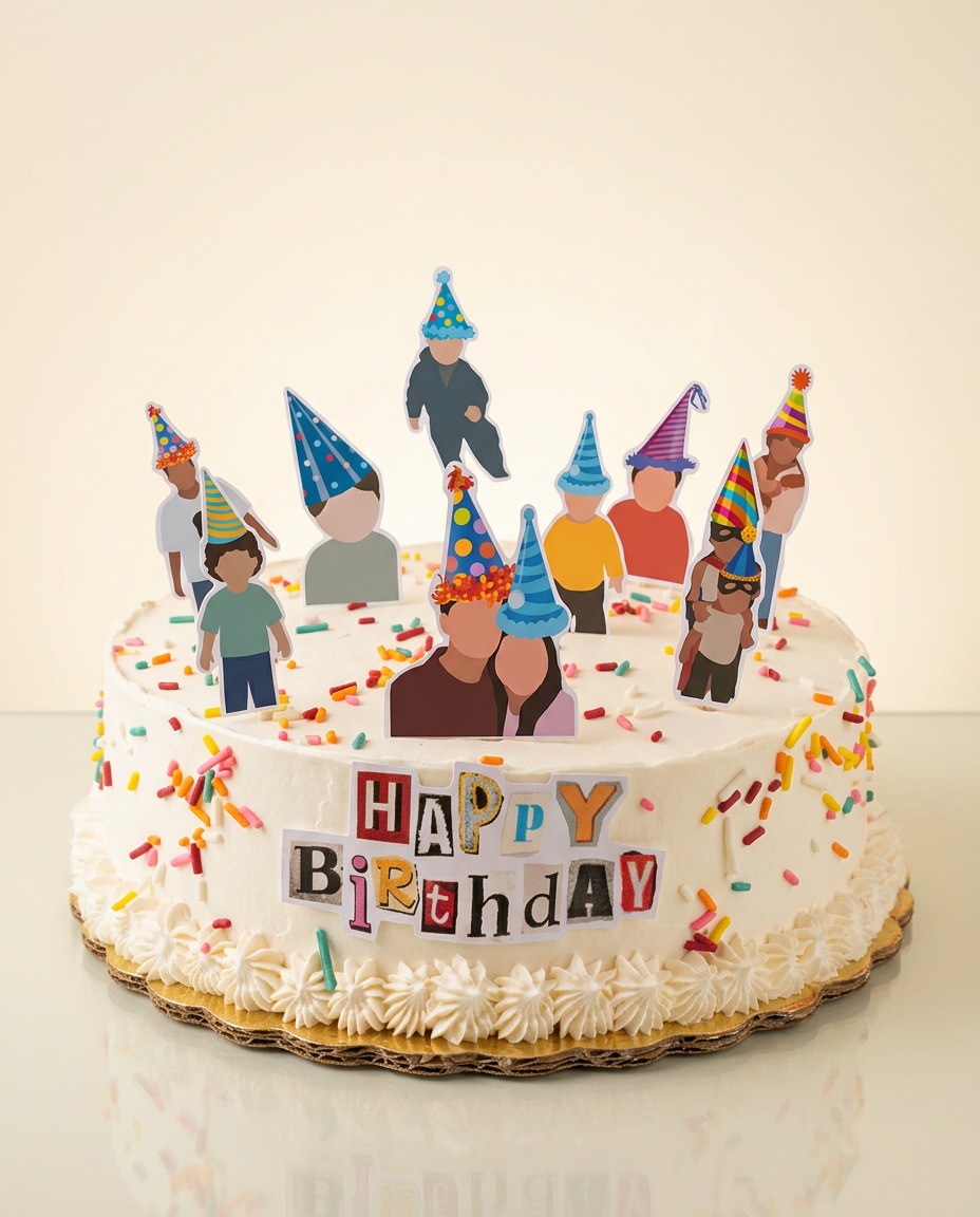 Pastel blanco con sprinkles arcoíris y toppers ilustrados de invitados con gorros de fiesta