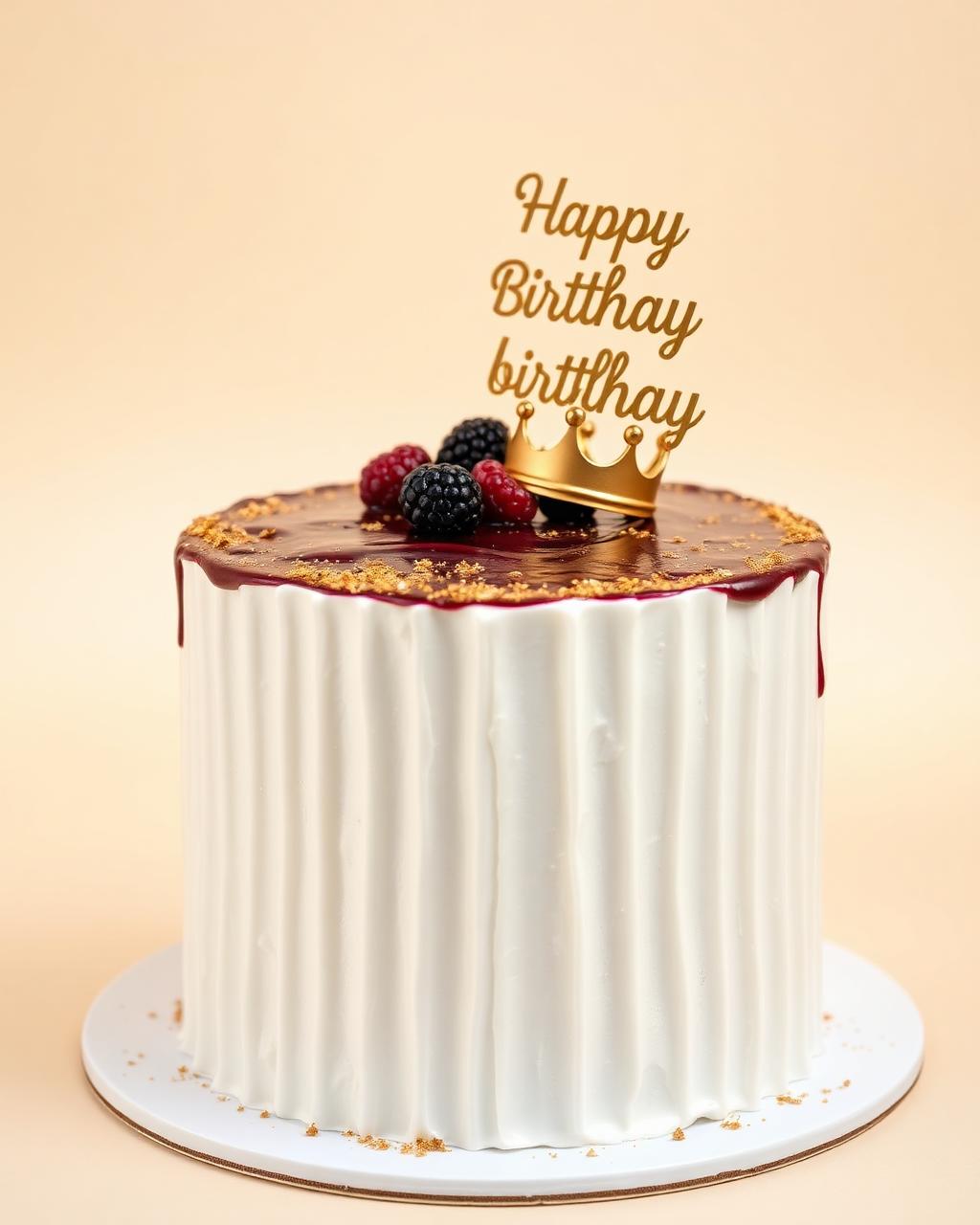 Pastel blanco con textura vertical, cubierta de mermelada oscura y pequeña corona dorada