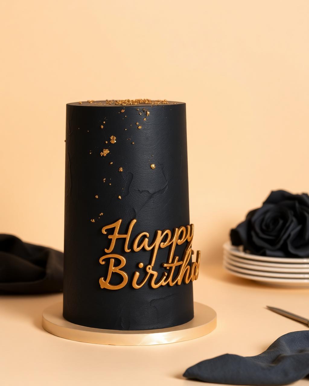 Pastel alto negro mate con salpicado dorado y lettering Happy Birthday en oro