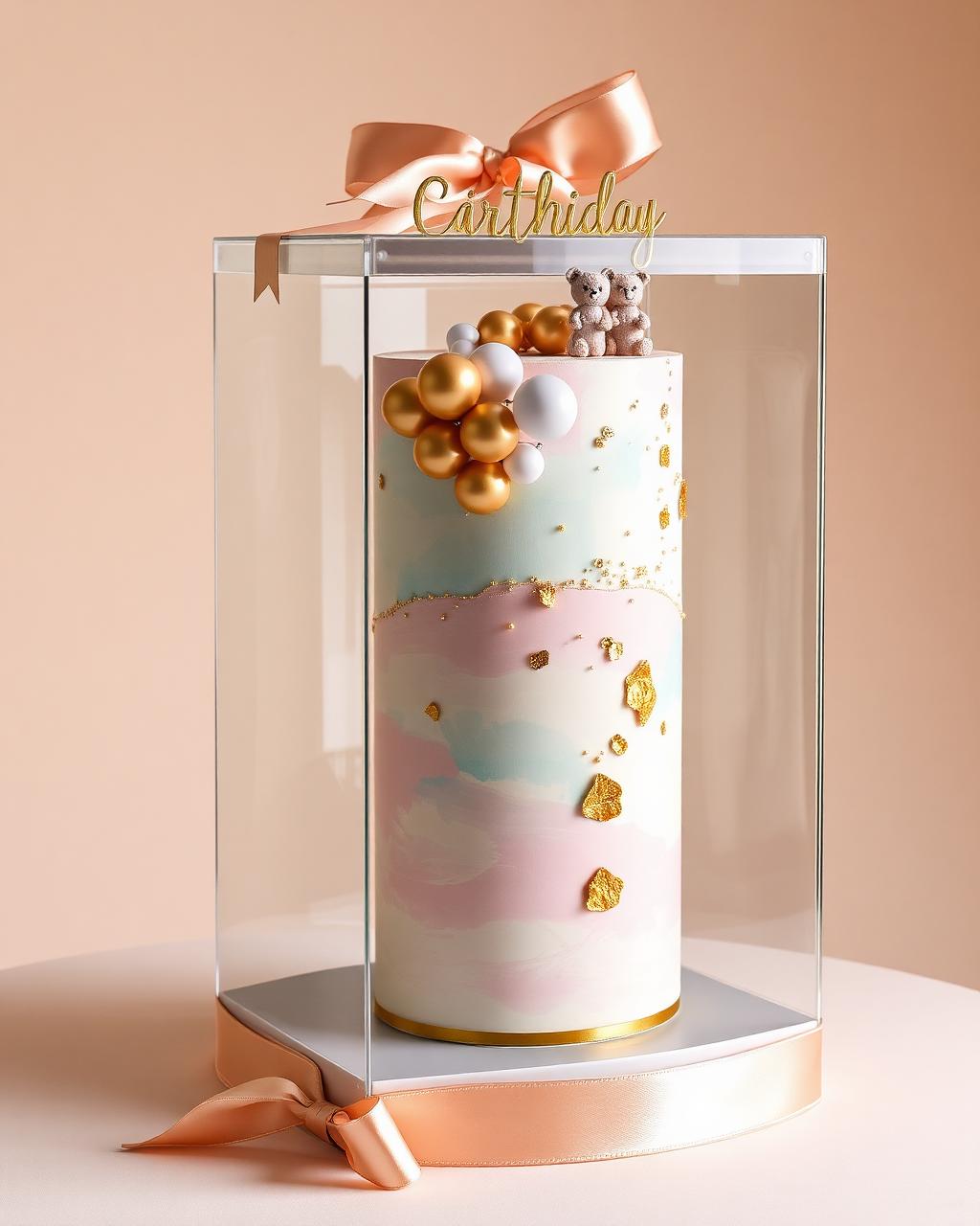 Pastel alto en tonos pastel dentro de caja transparente con ositos y globos metálicos
