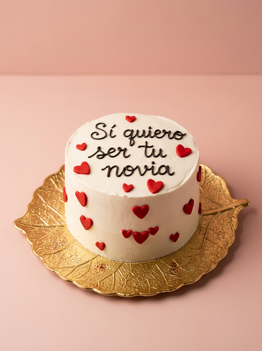 Mini pastel blanco con corazones rojos de fondant y mensaje 'Sí quiero ser tu novia' en cursiva negra