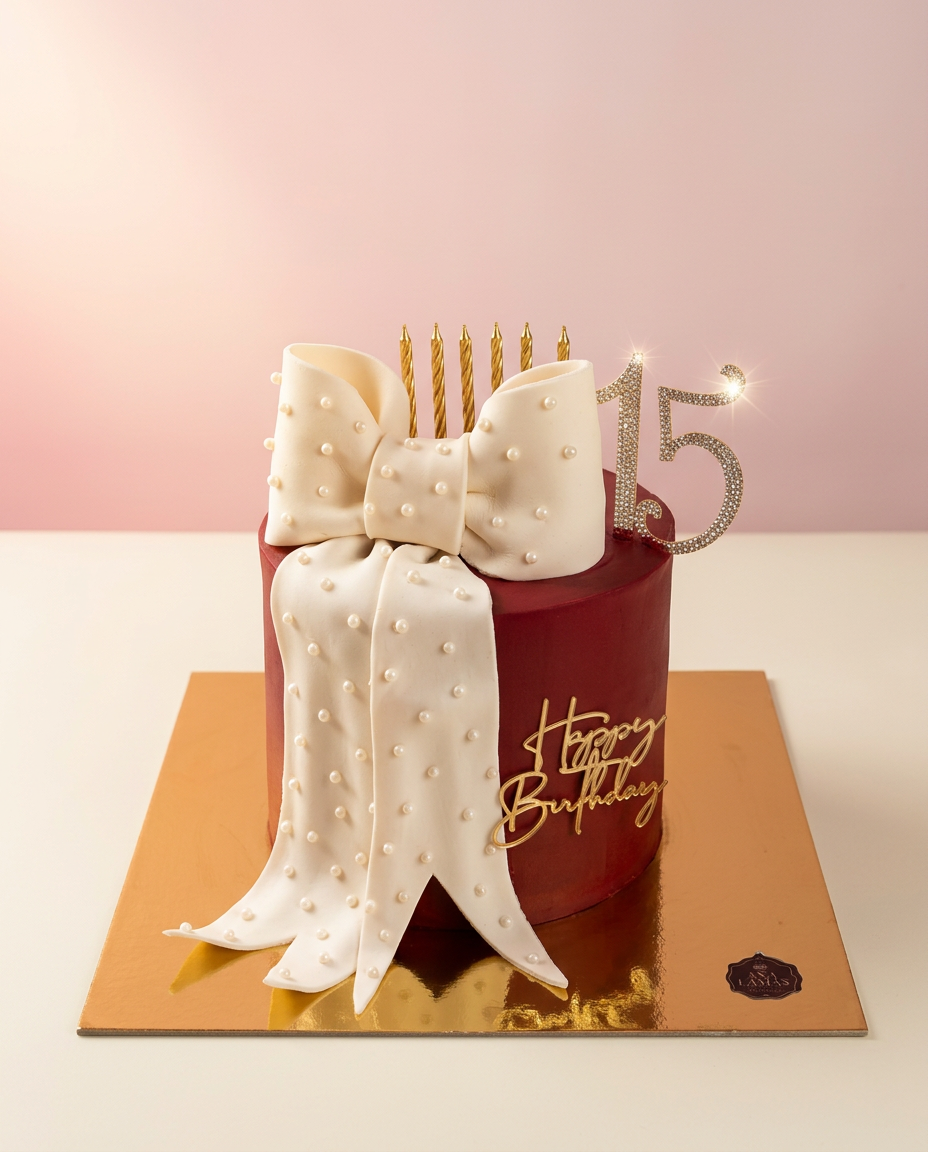 Pastel de quinceañera en fondant burgundy con moño de perlas marfil y topper de cristales 15