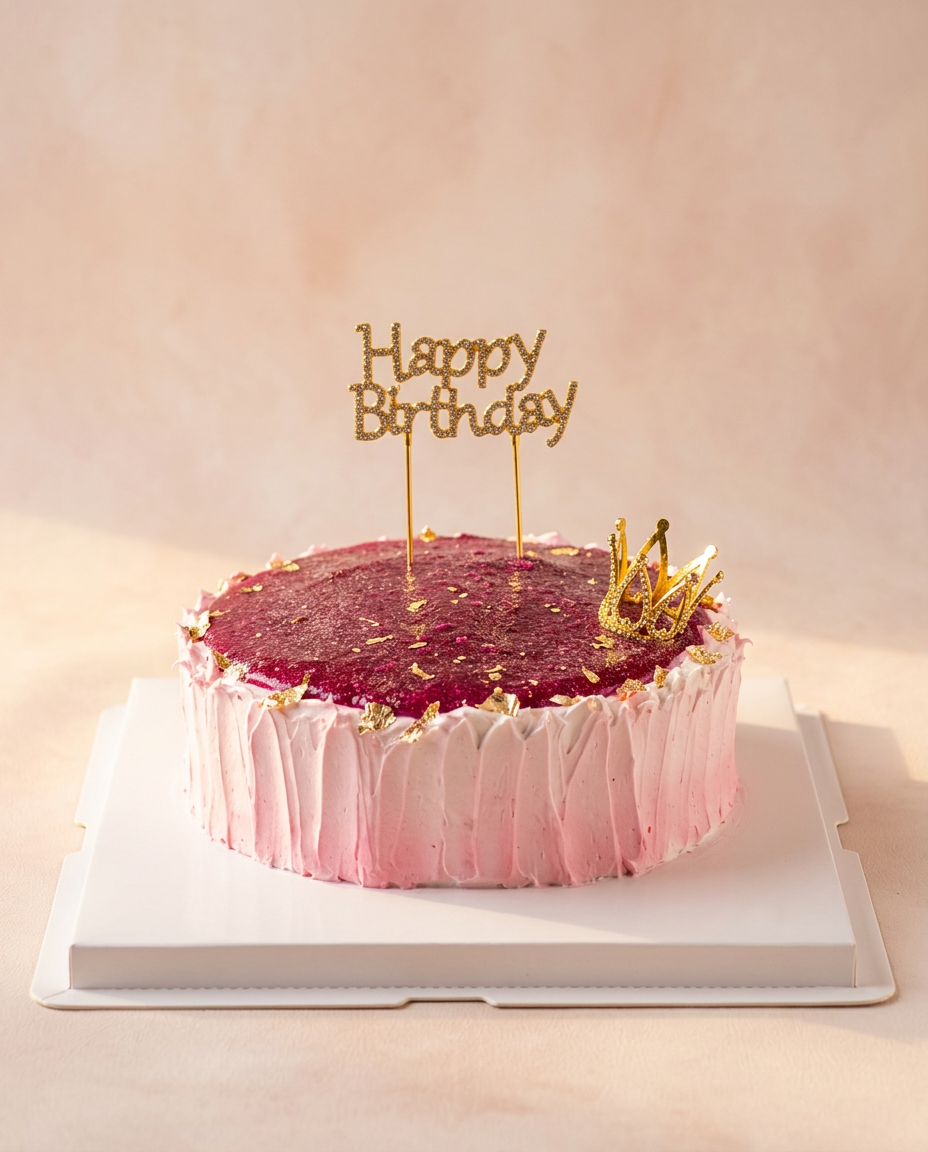 Pastel rosa con buttercream texturizado, espejo magenta y corona dorada