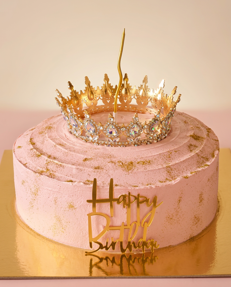 Pastel rosa pastel con polvo de oro y corona de cristales como tiara real