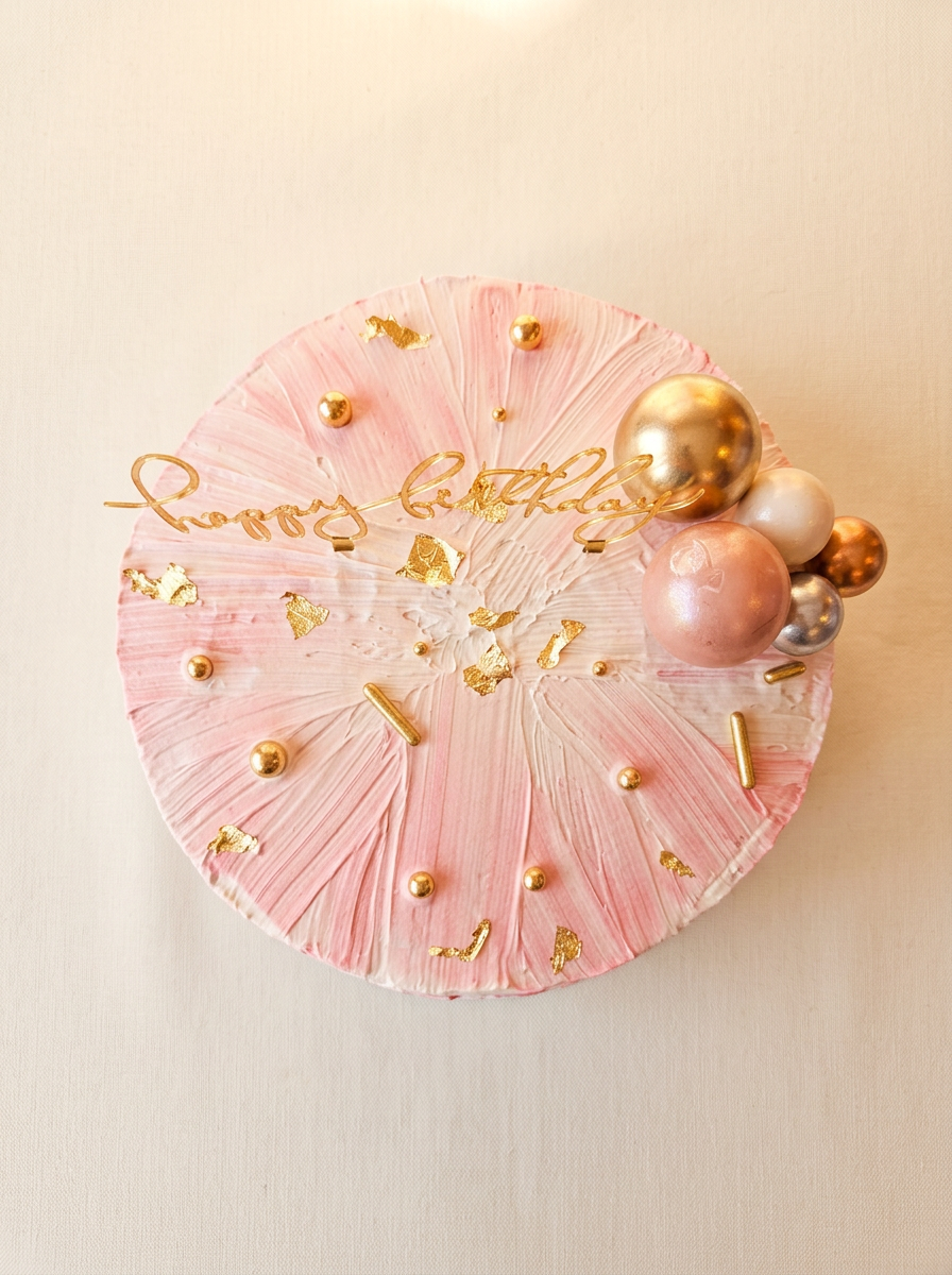Pastel rosa con buttercream pintado a mano, oro 24k, esferas metálicas y topper Happy Birthday dorado