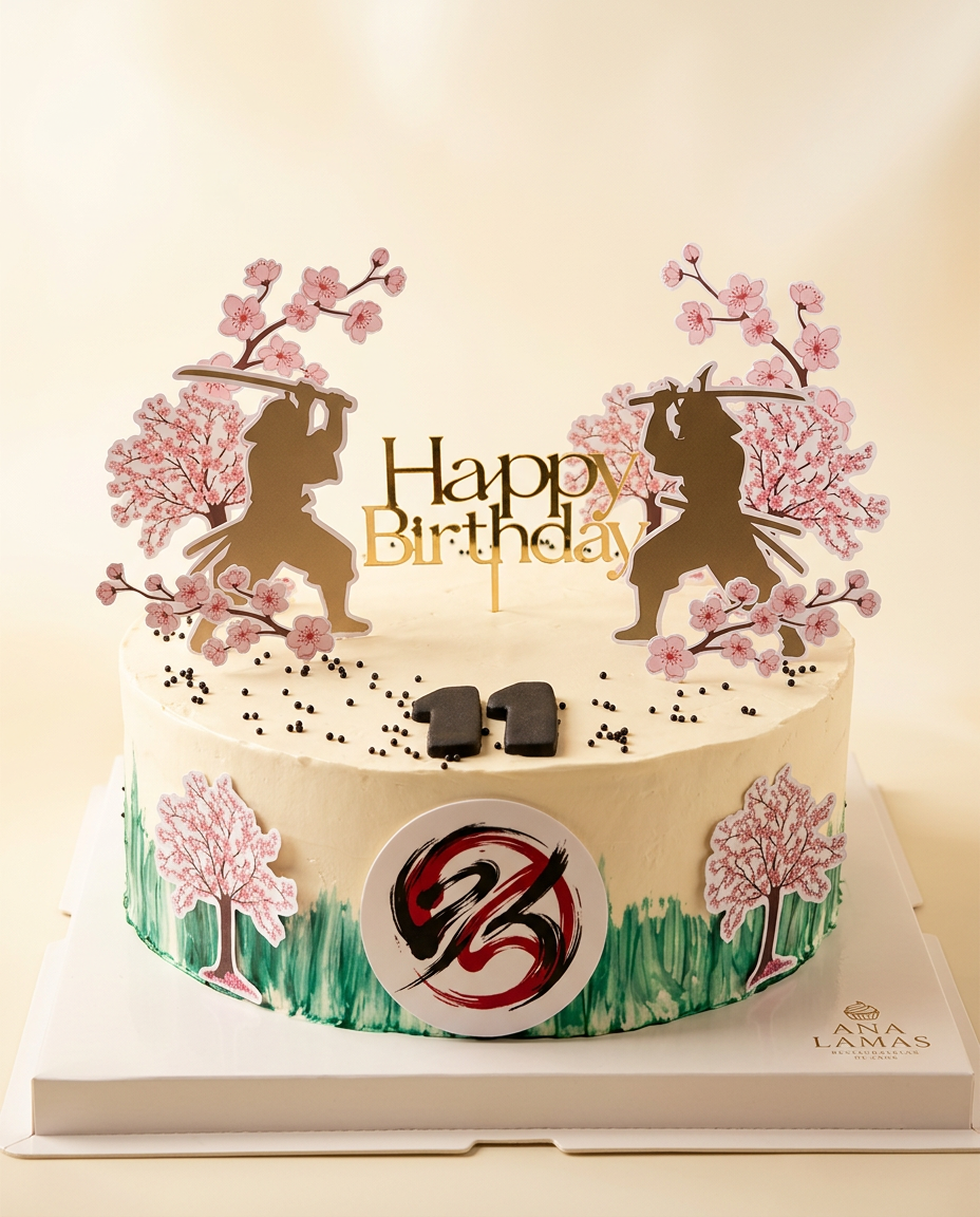 Pastel temático estilo japonés con siluetas de samuráis, cerezos en flor y emblema de pincelada