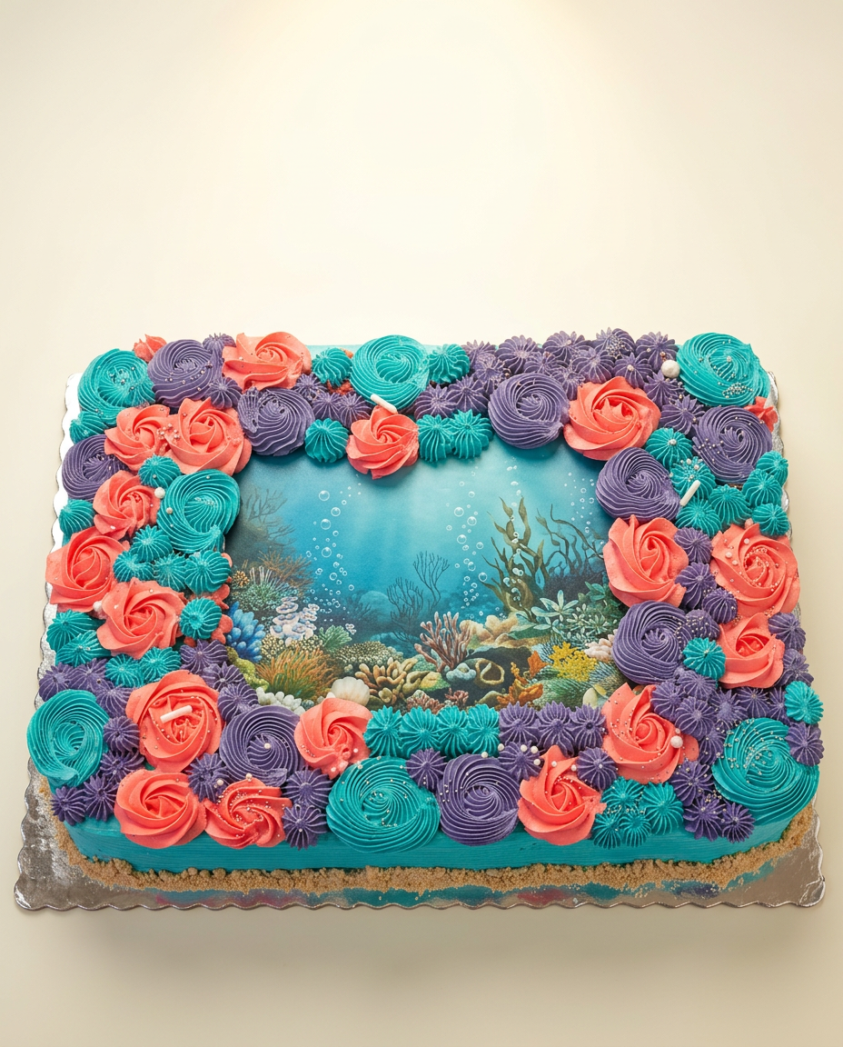 Pastel rectangular con buttercream coral, lavanda y turquesa con escena de océano impresa