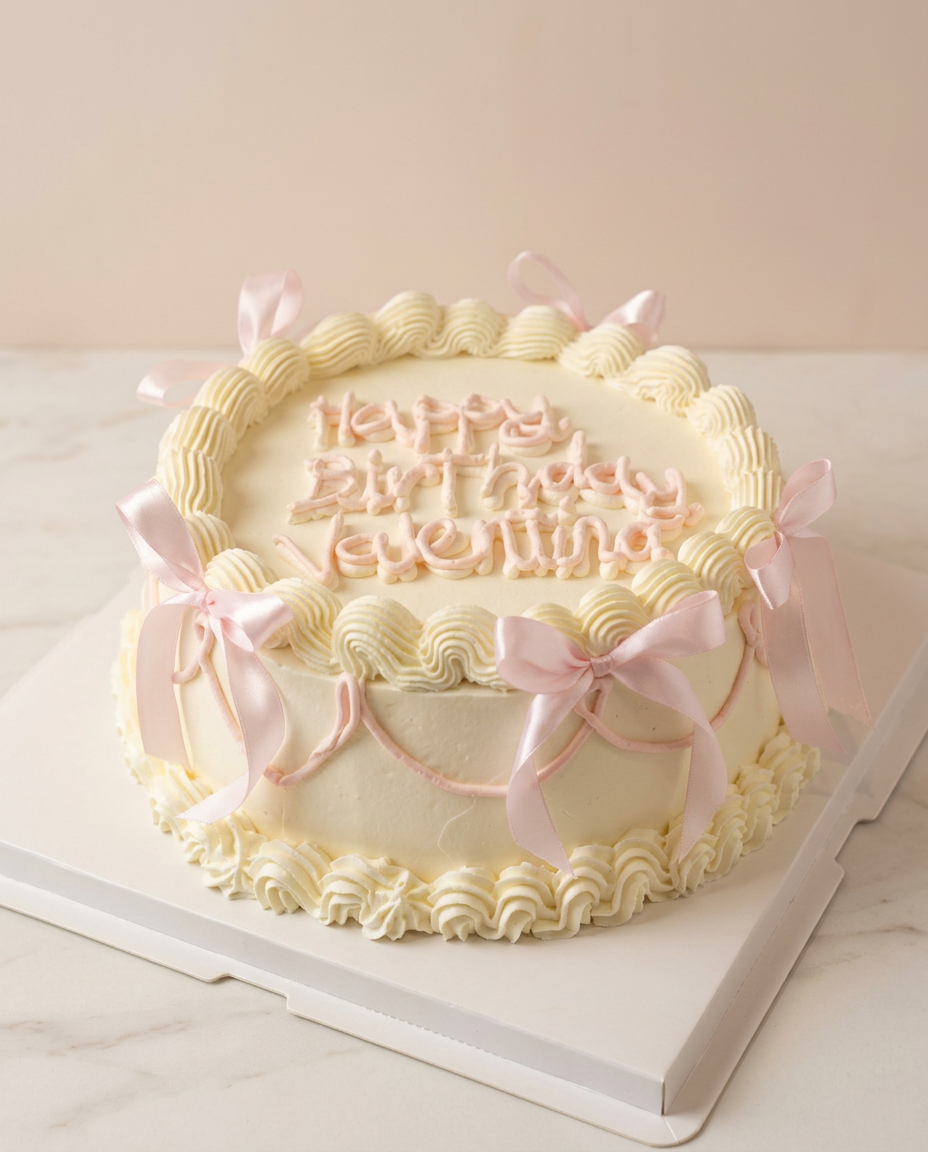 Pastel vintage Lambeth en buttercream marfil con moños de satén rosa