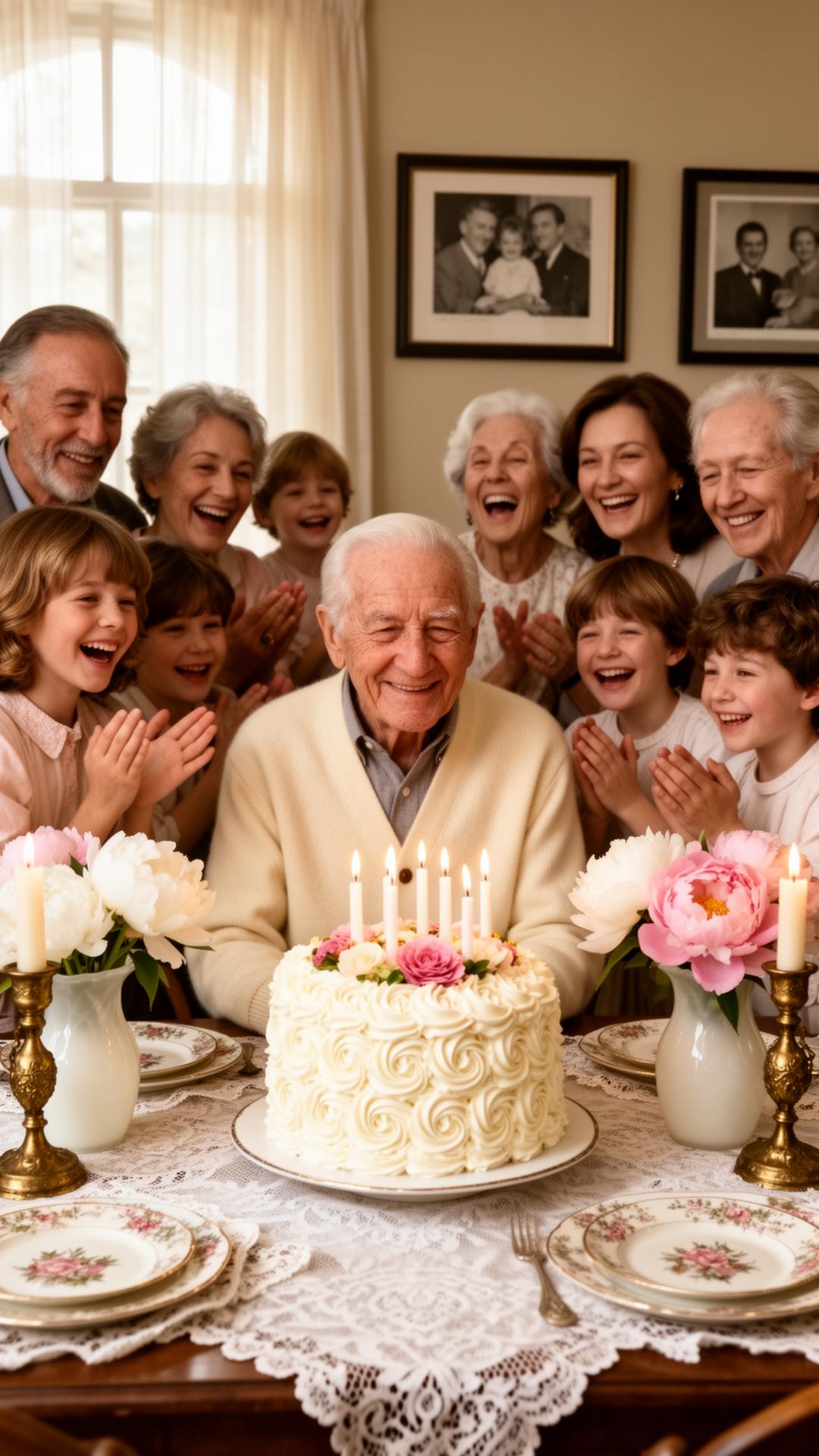 Abuelo con cárdigan crema sonriendo rodeado de hijos y nietos aplaudiendo, pastel blanco con rosetones cremosos y velas, mantel de encaje, fotos familiares enmarcadas