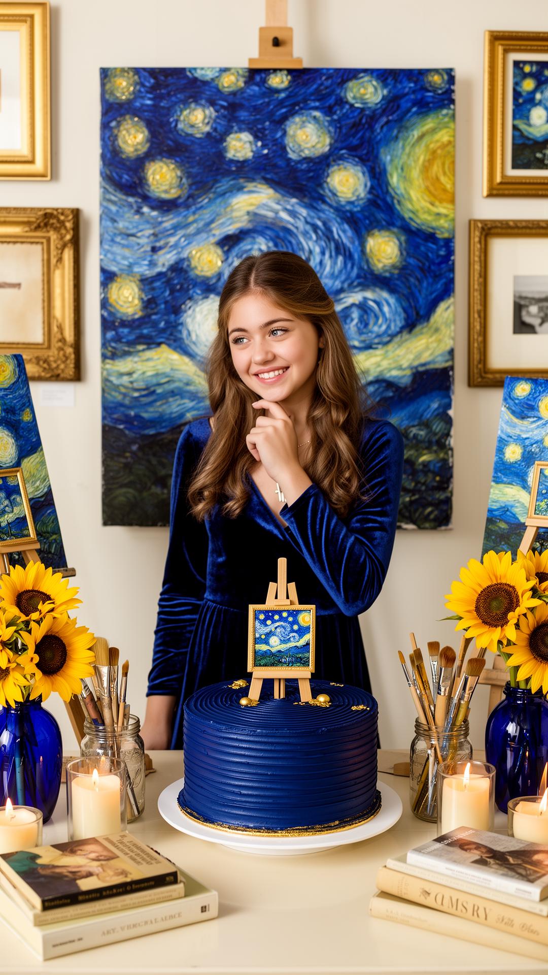 Adolescente con vestido azul terciopelo frente a réplica de Noche Estrellada de Van Gogh, pastel azul cobalto con caballete miniatura, girasoles y pinceles en frascos