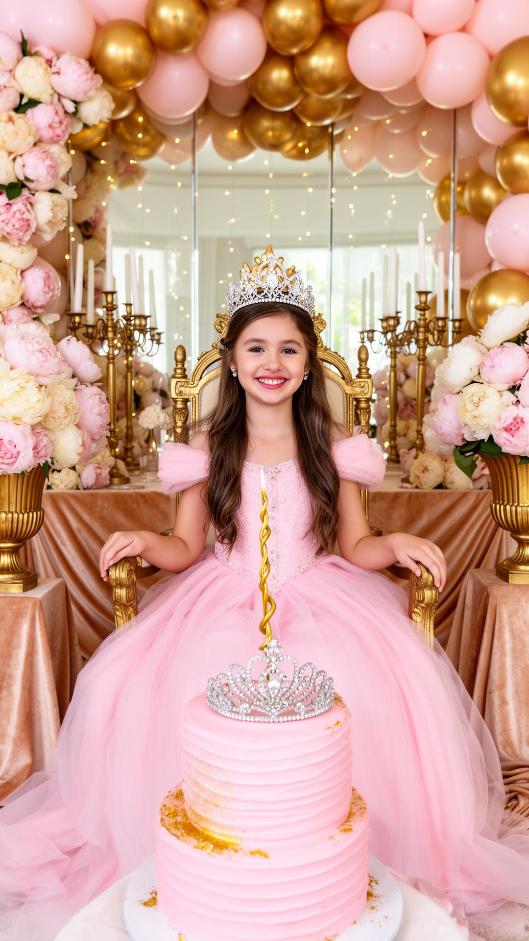 Adolescente con vestido rosa de tul y tiara de cristales sentada en trono dorado frente a pastel con corona de cristales, arco de globos rosa y dorado