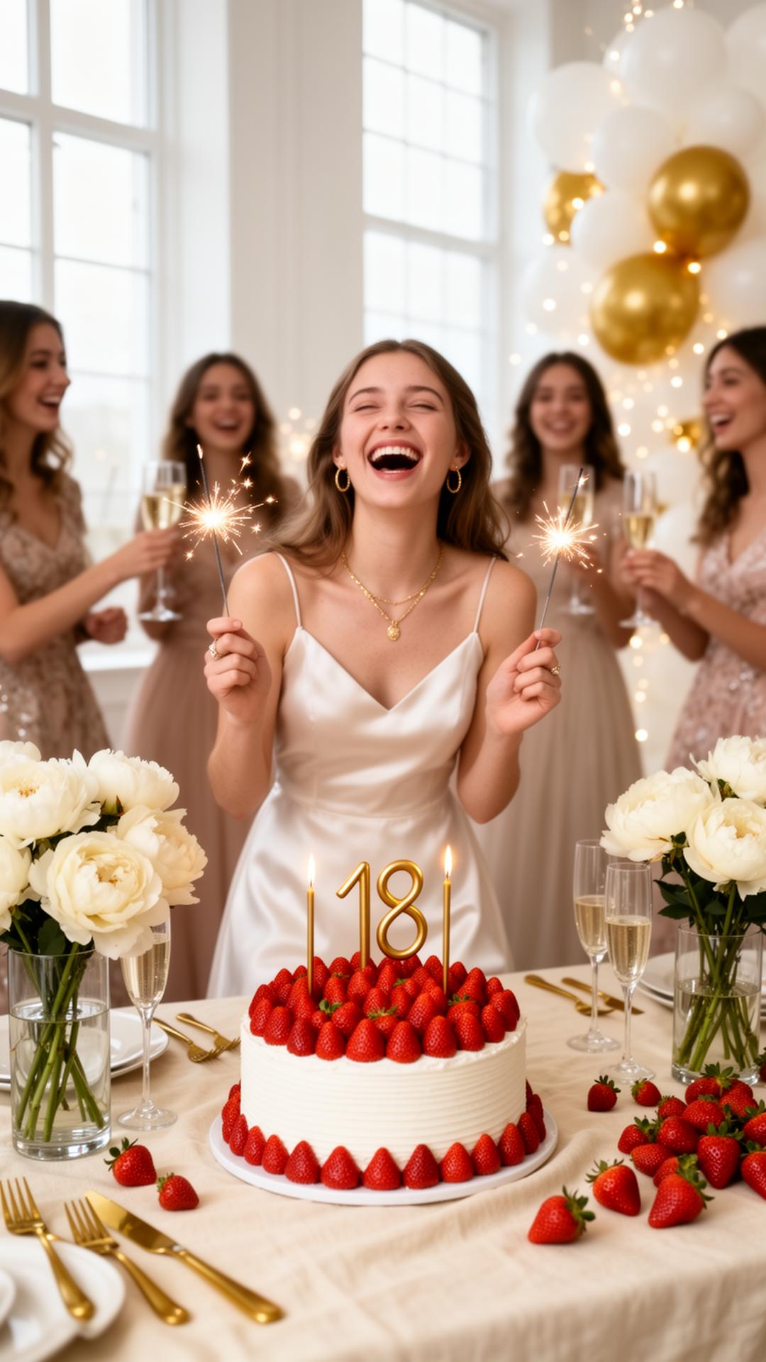 Joven de 18 con vestido satén marfil riendo con bengalas en ambas manos rodeada de amigas brindando, pastel blanco con fresas y velas doradas 18 al frente