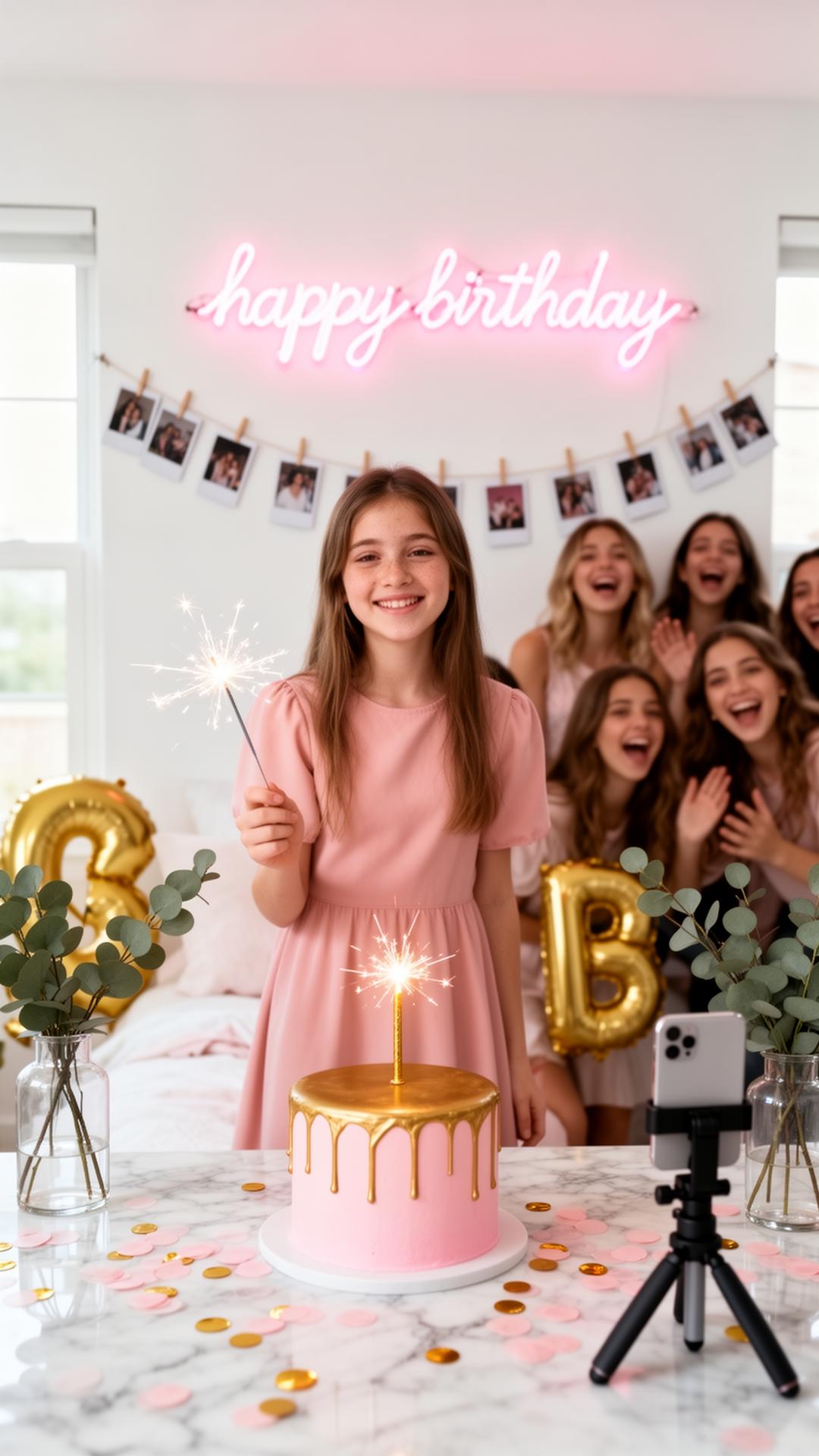 Adolescente con vestido rosa y bengala en la mano sonriendo, neón de Happy Birthday en pared blanca, polaroids colgadas, amigas riendo atrás