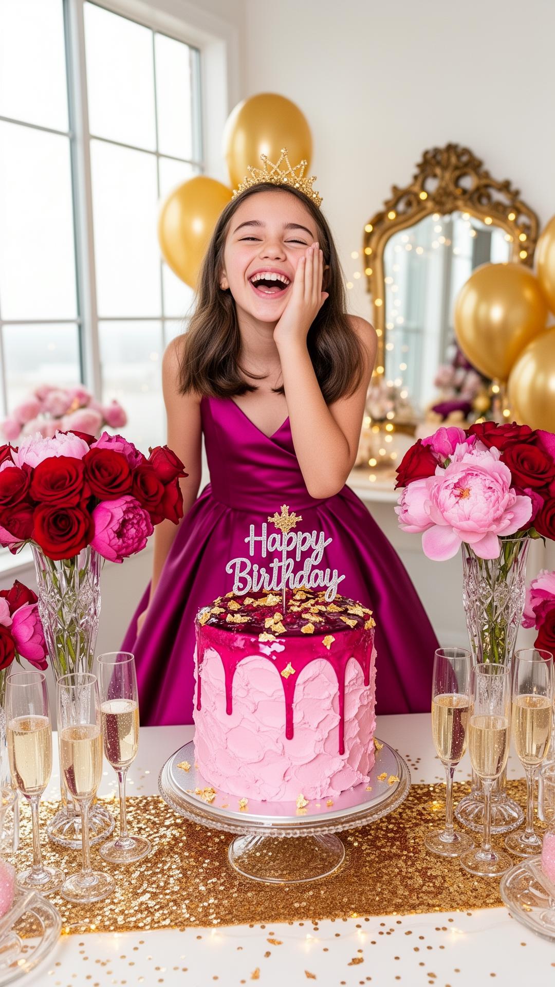 Adolescente con vestido magenta y corona dorada riendo frente a pastel rosa con espejo magenta y topper de cristales, copas de champaña sin alcohol y rosas rojas