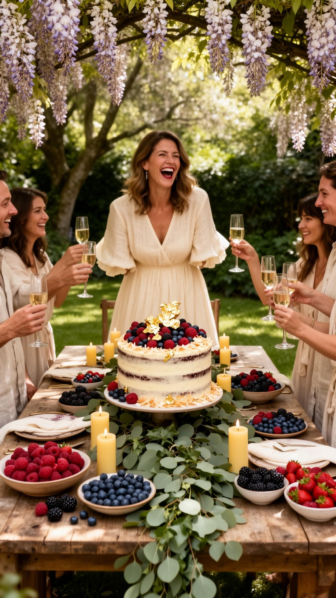 Brunch en jardín bajo glicinas, mujer en vestido lino crema riendo, mesa larga de madera con pastel naked de berries al centro, amigos brindando con champaña