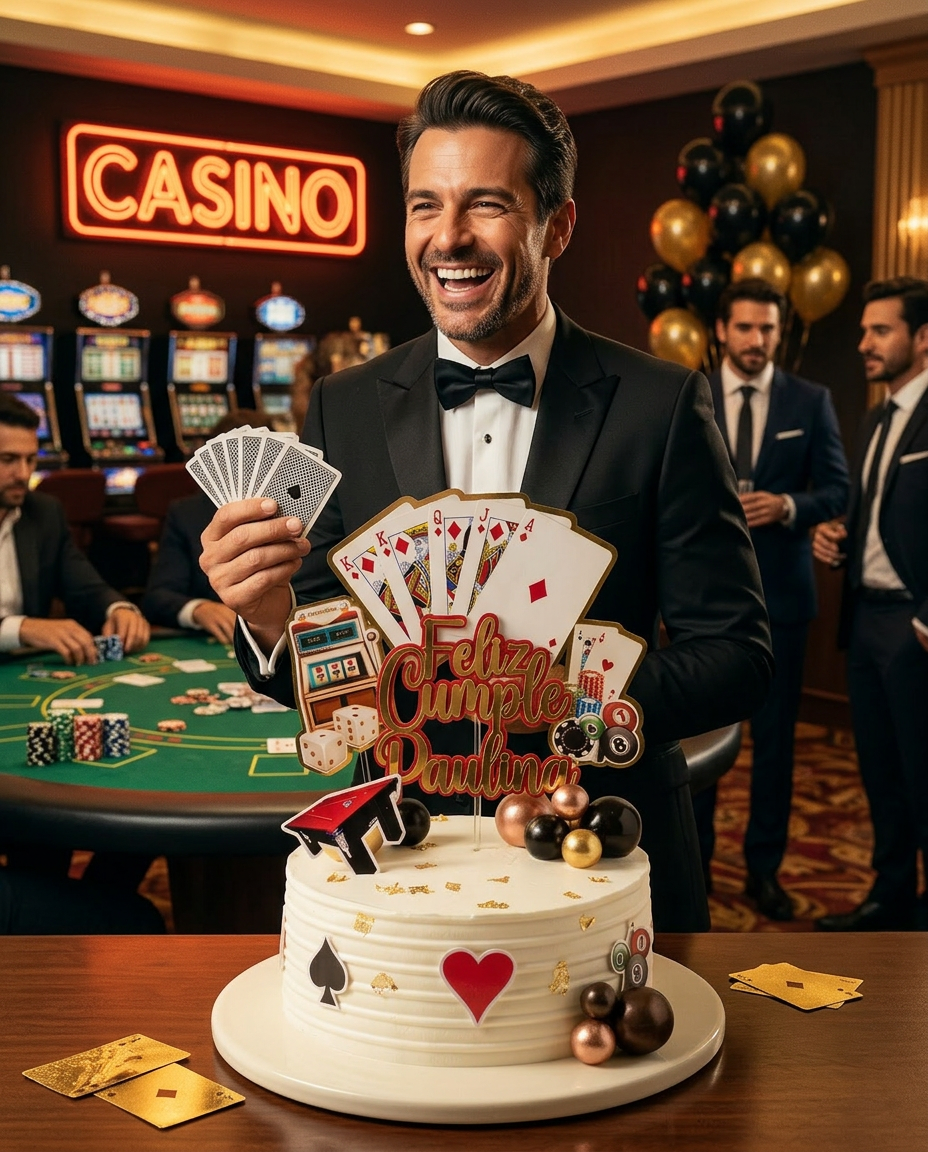 Hombre en smoking negro riendo con cartas en mano frente al pastel temático de casino, mesa de póker verde, tragamonedas y neón Casino al fondo