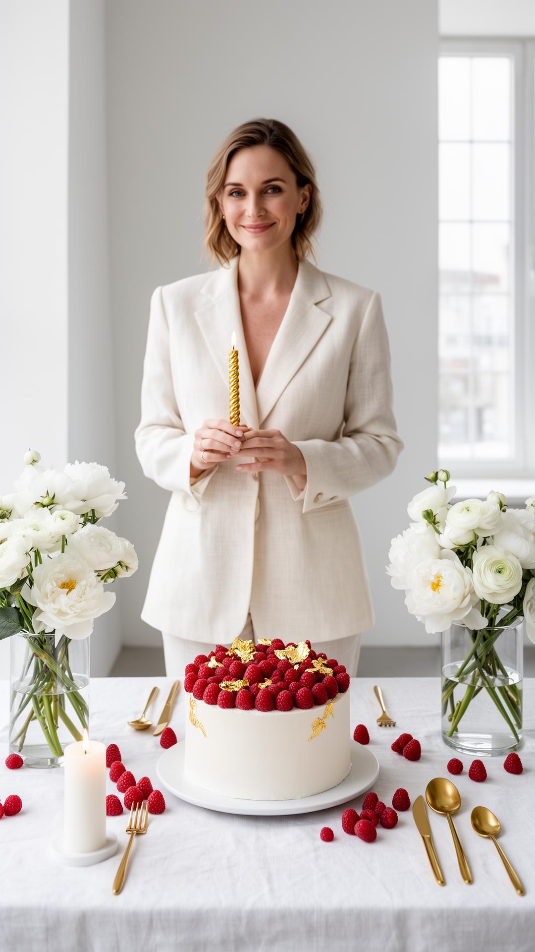 Mujer elegante en traje sastre marfil sonriendo serena con vela dorada en mano, pastel blanco con frambuesas y oro al frente, peonías blancas y luz natural fría