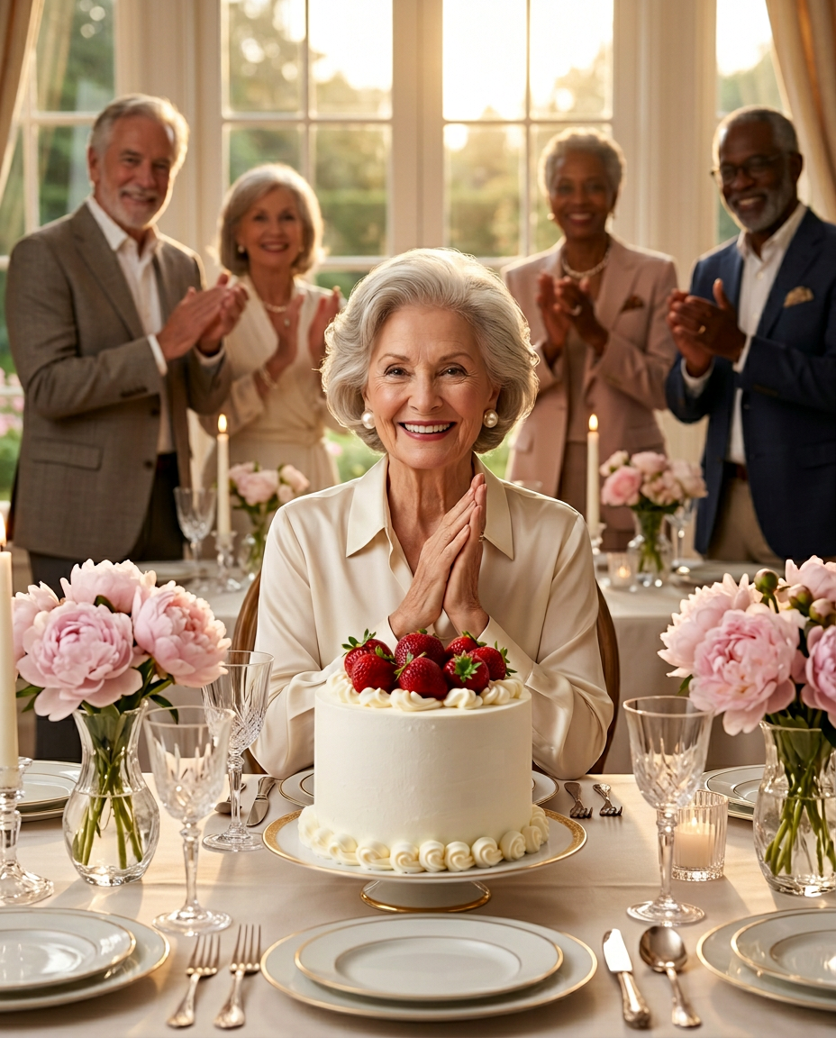 Comedor familiar cálido con abuelitas sonriendo y aplaudiendo, pastel blanco clásico de fresas al centro, mantel de encaje, peonías rosas, familia atrás