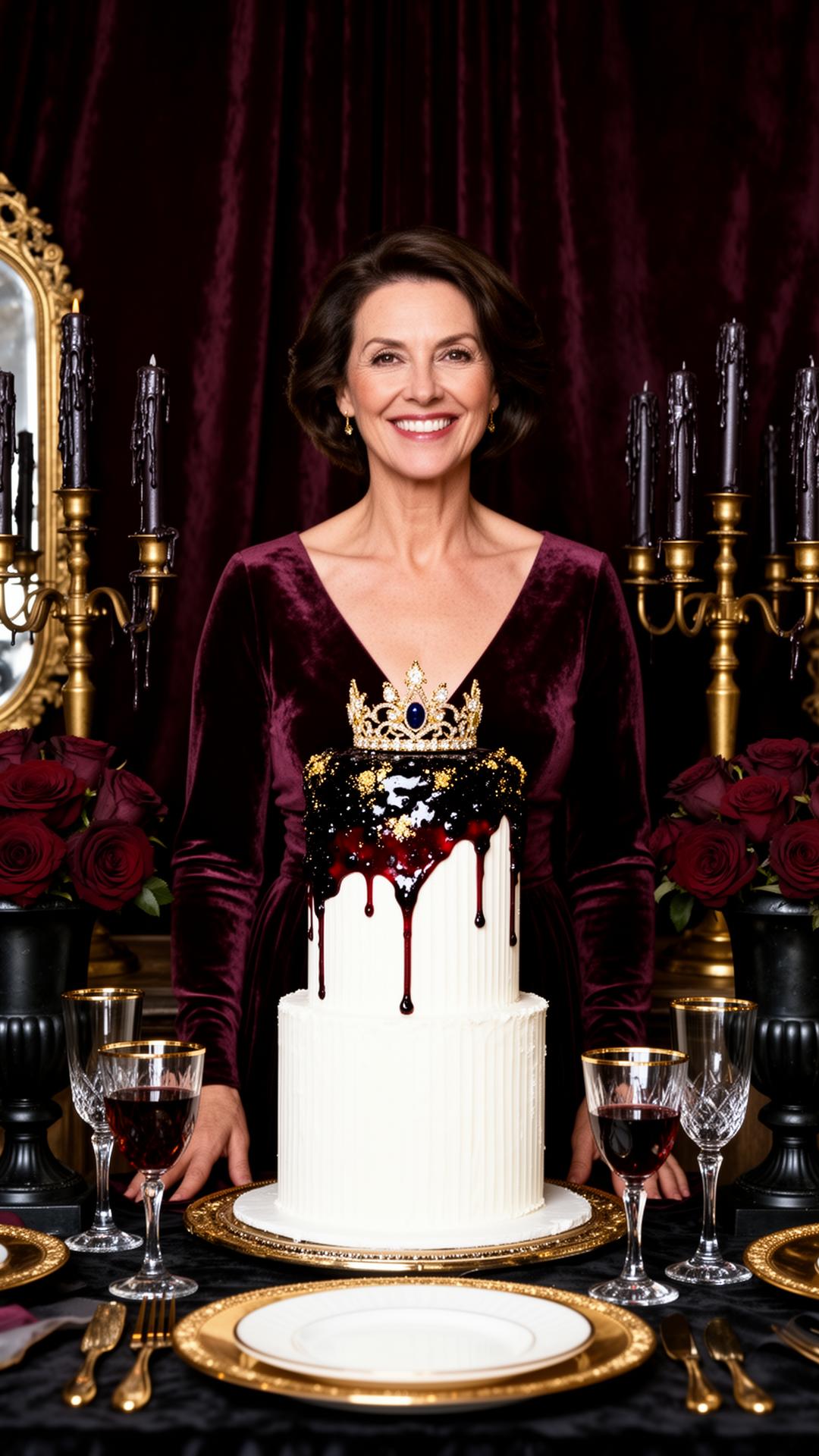 Mujer en vestido vino de terciopelo sonriendo regia frente a pastel blanco con espejo de mermelada oscura y corona, candelabros de bronce, rosas burgundy