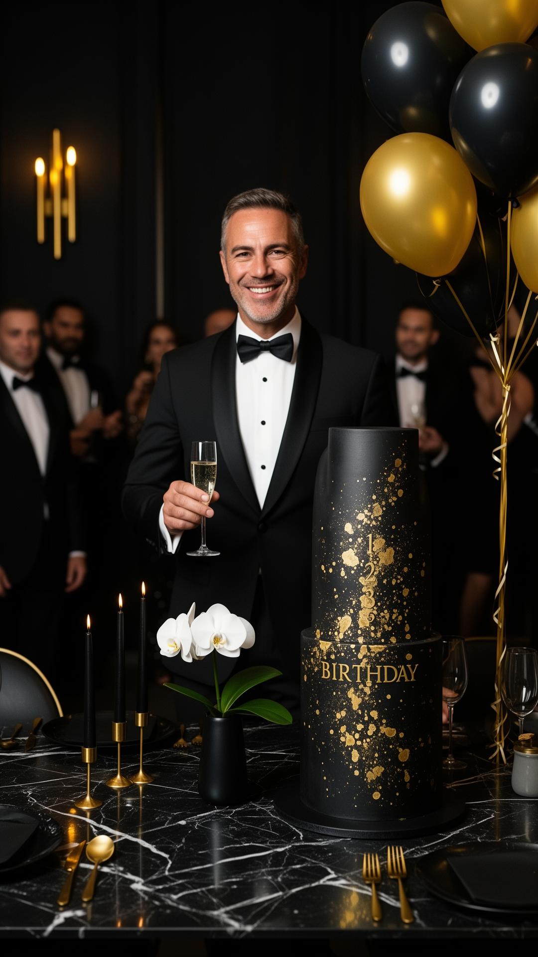 Hombre de smoking sonriendo con copa de champaña frente a pastel alto negro mate con salpicado dorado, mesa de mármol negro, balones negros y dorados