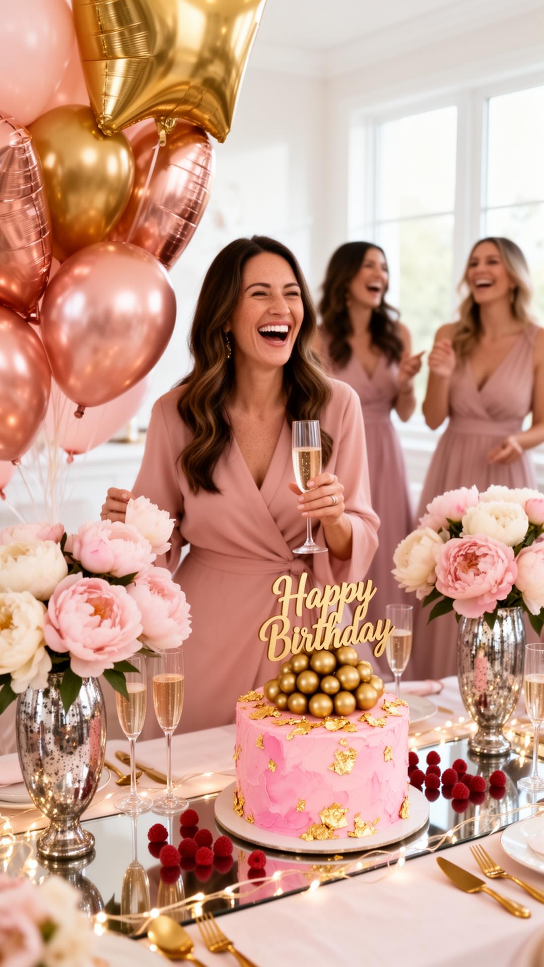 Mujer en vestido wrap rosa riendo con copa de champaña, balones rose gold y dorados, pastel rosa con esferas metálicas y Happy Birthday dorado, peonías rosas y luces hadas