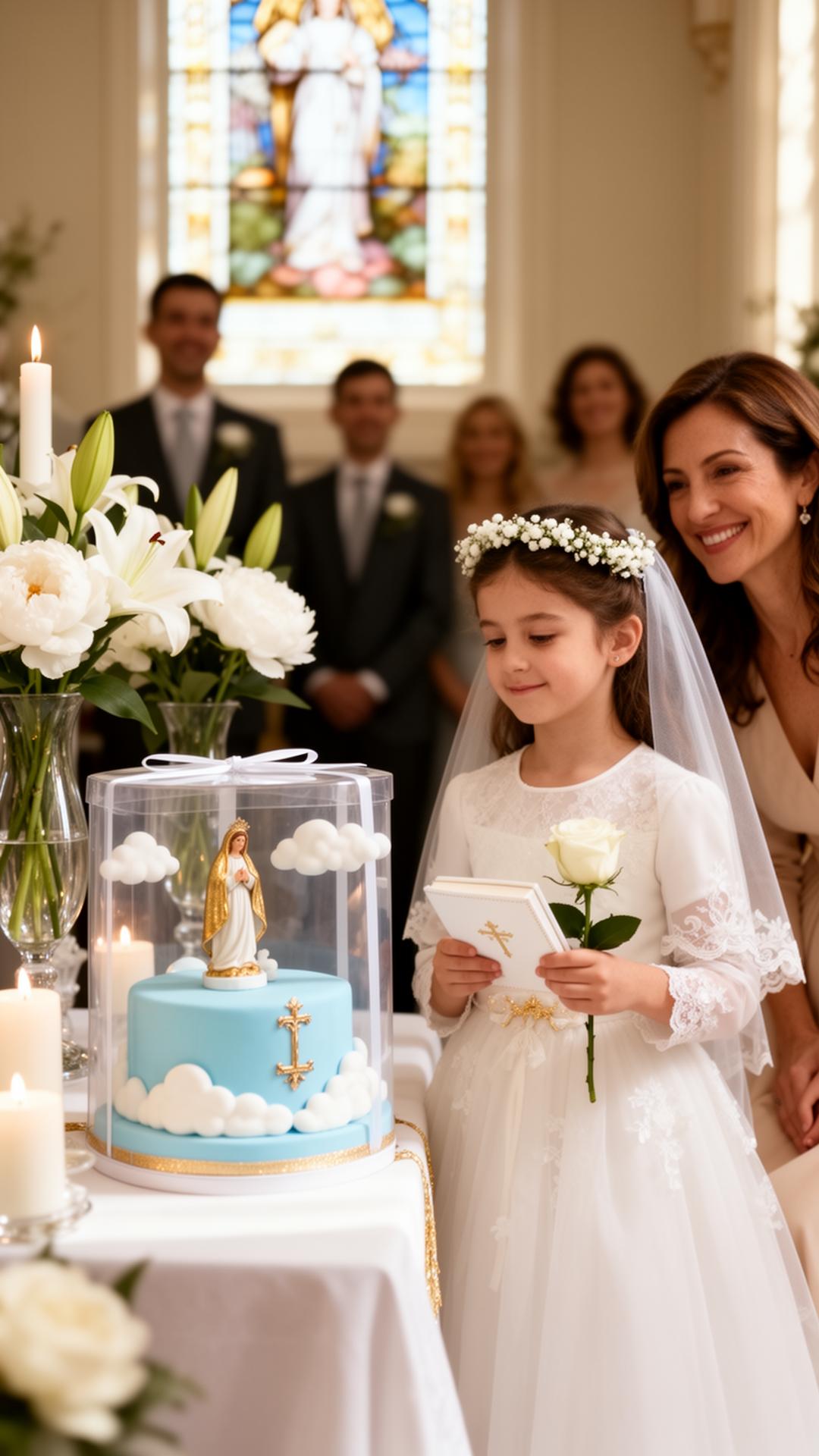 Niña celebrando su Primera Comunión vestida de blanco con velo y corona de flores, sosteniendo libro de oraciones, junto al pastel azul cielo en caja transparente, vitral de fondo