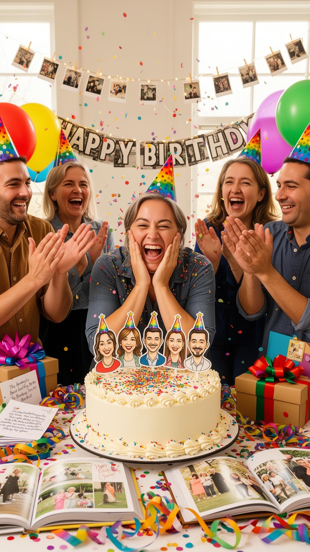 Persona feliz con gorro de fiesta y manos en mejillas rodeada de amigos aplaudiendo y lanzando confeti, pastel blanco con sprinkles y toppers ilustrados de cada invitado, álbumes de fotos abiertos al frente