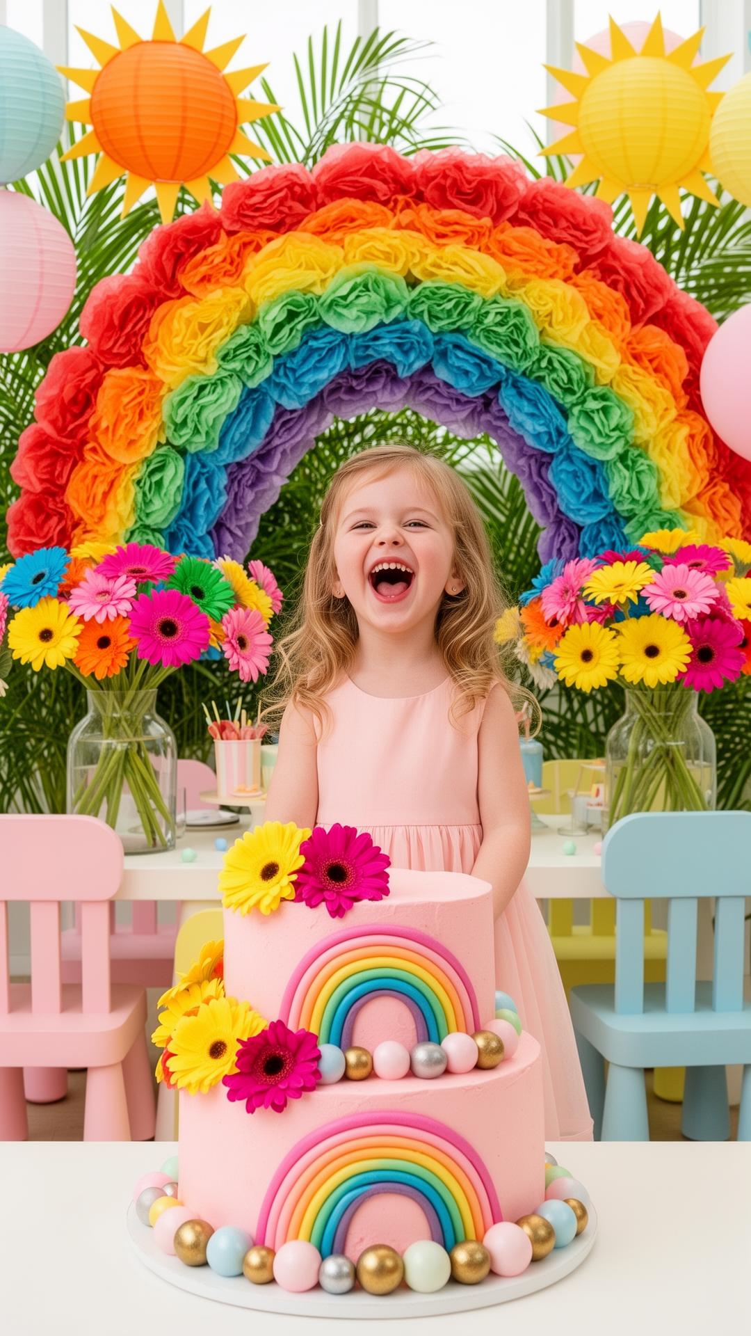Niña con vestido rosa riendo frente a pastel de arcoíris, telón de papel arcoíris gigante, gerberas multicolor en jarrones