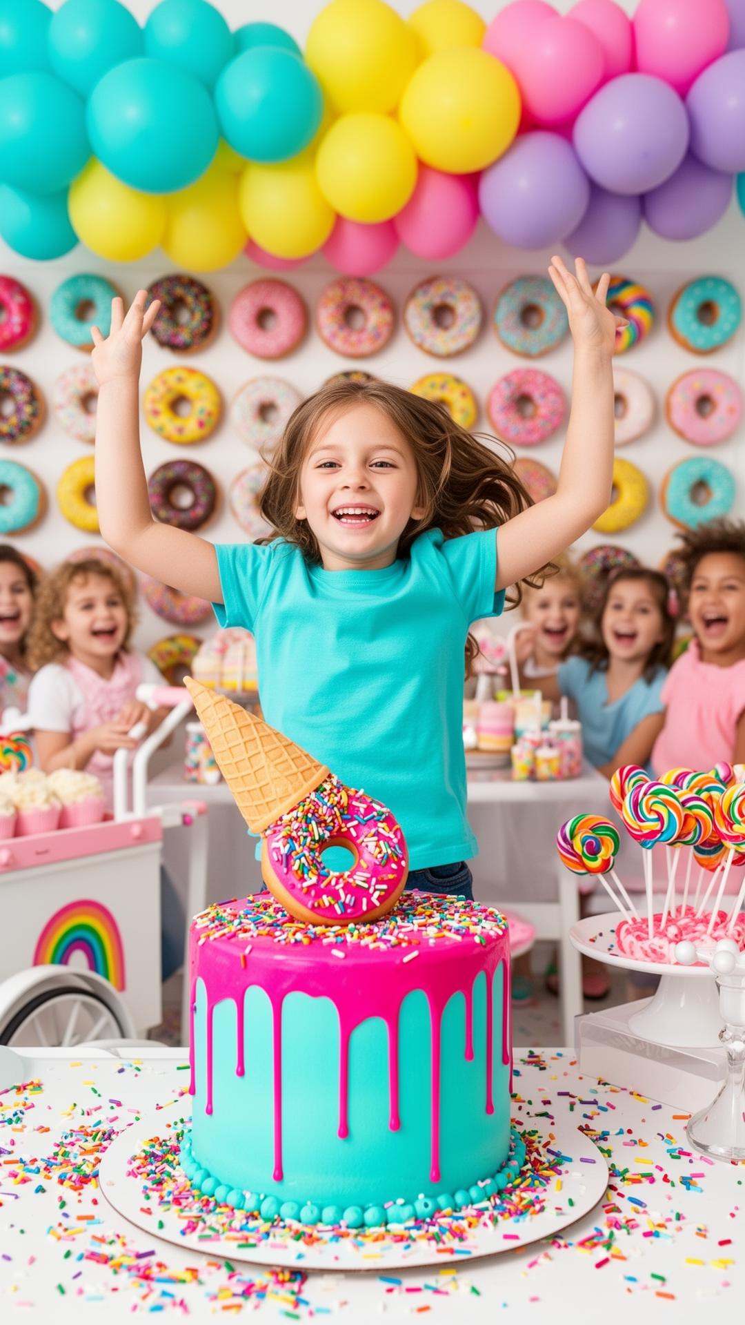 Niña saltando feliz con los brazos arriba frente a pastel drip turquesa y rosa, pared de donas de fondo, paletas arcoíris y arco de globos pastel