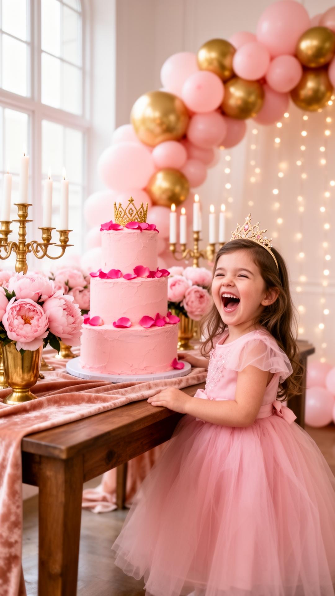 Niña con vestido rosa de tul y corona dorada riendo frente a su pastel rosa con corona dorada, arco de globos rosa y dorado