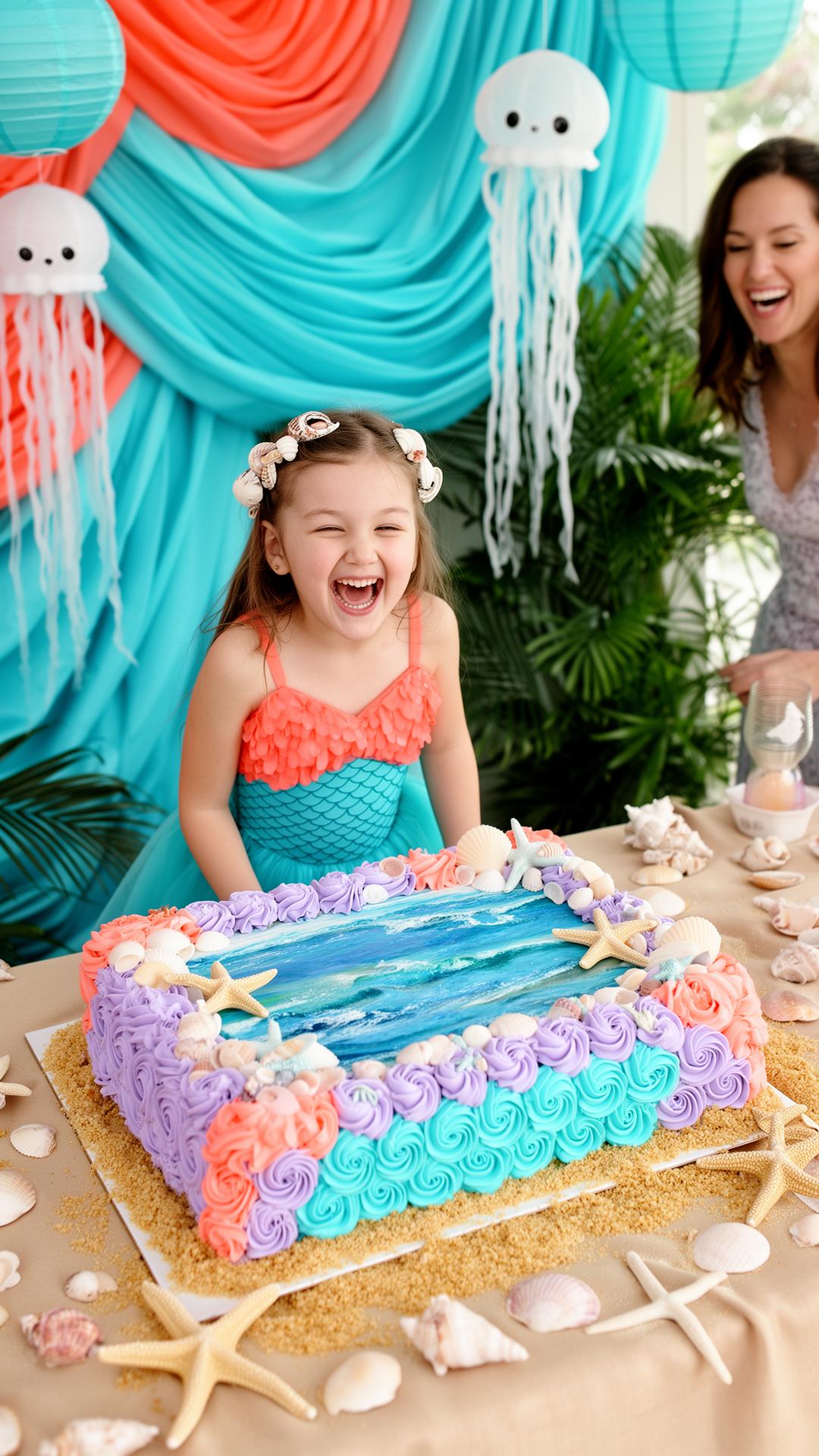 Niña vestida de sirena con corona de conchas riendo junto a pastel rectangular con tema oceánico, telas turquesa y coral simulando olas, conchas reales esparcidas