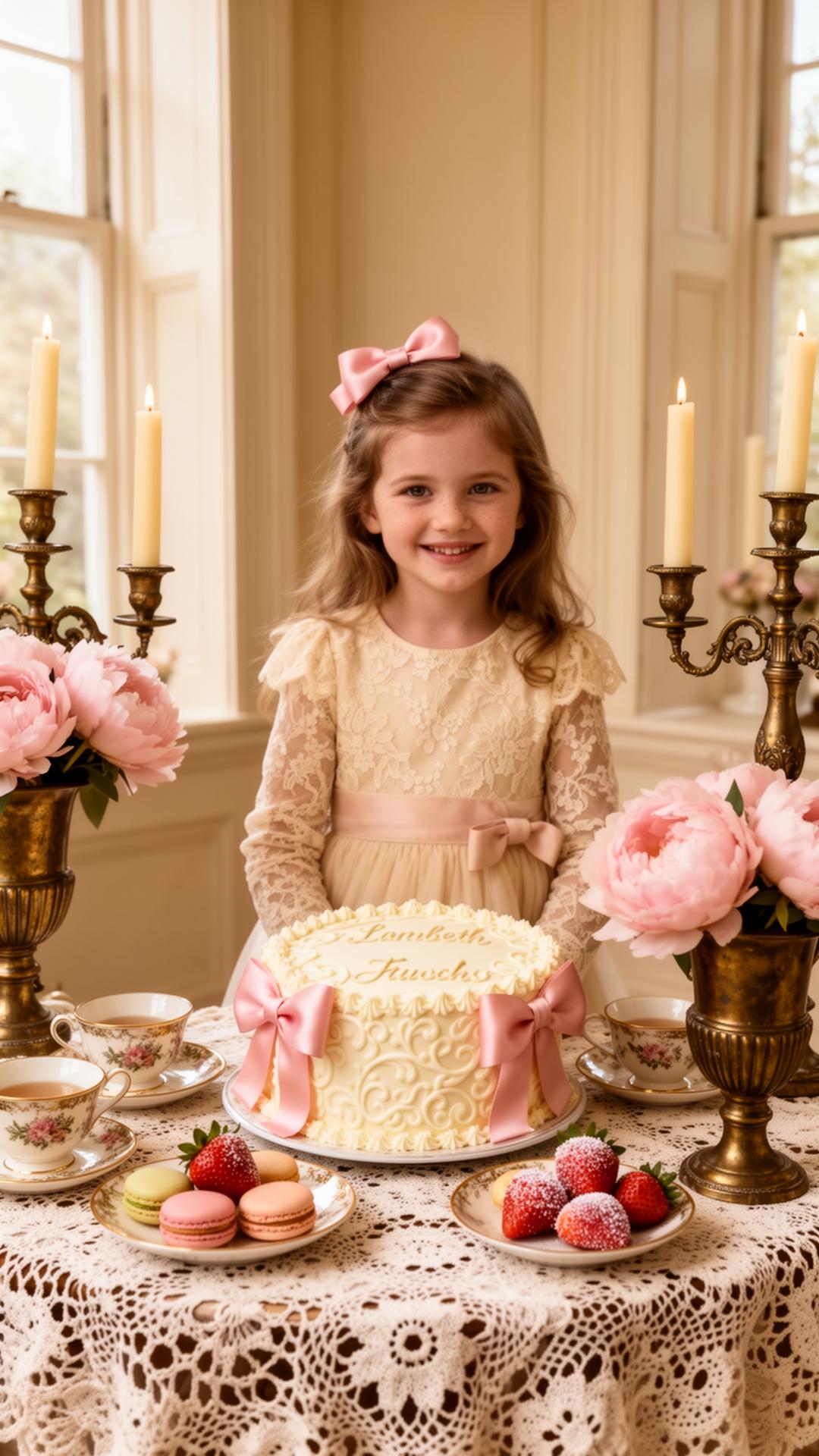 Niña con vestido de encaje marfil y moño rosa en mesa de té vintage con macarons, fresas con azúcar y candelabros de bronce