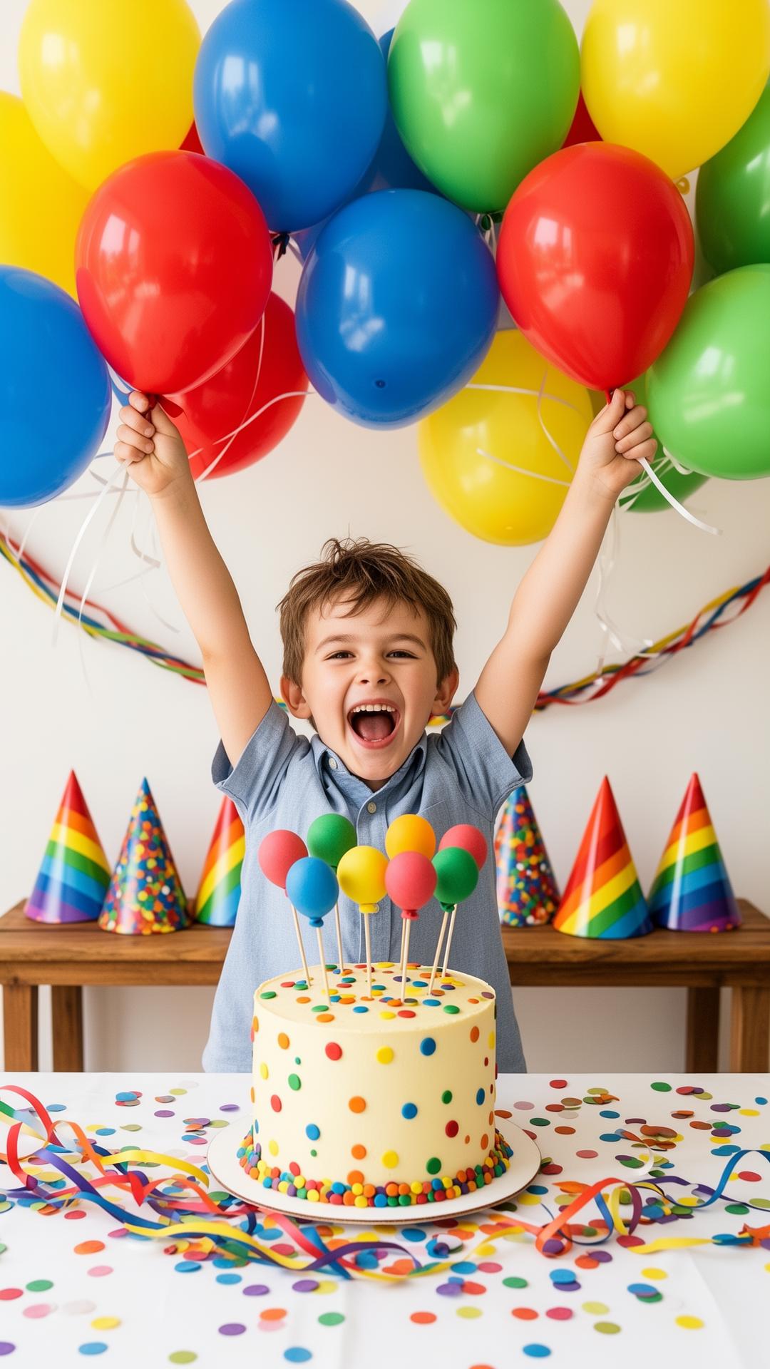 Niño feliz con los brazos arriba sosteniendo globos rojos azules amarillos y verdes frente a su pastel de globos de fondant, gorros de fiesta en fila atrás