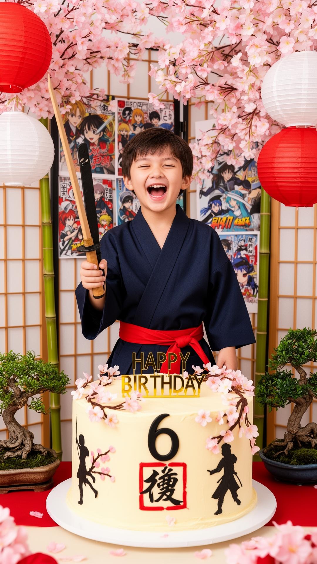 Niño con kimono navy y faja roja sosteniendo katana de madera, riendo frente a pastel de samurái, cerezos en flor y linternas rojas y blancas