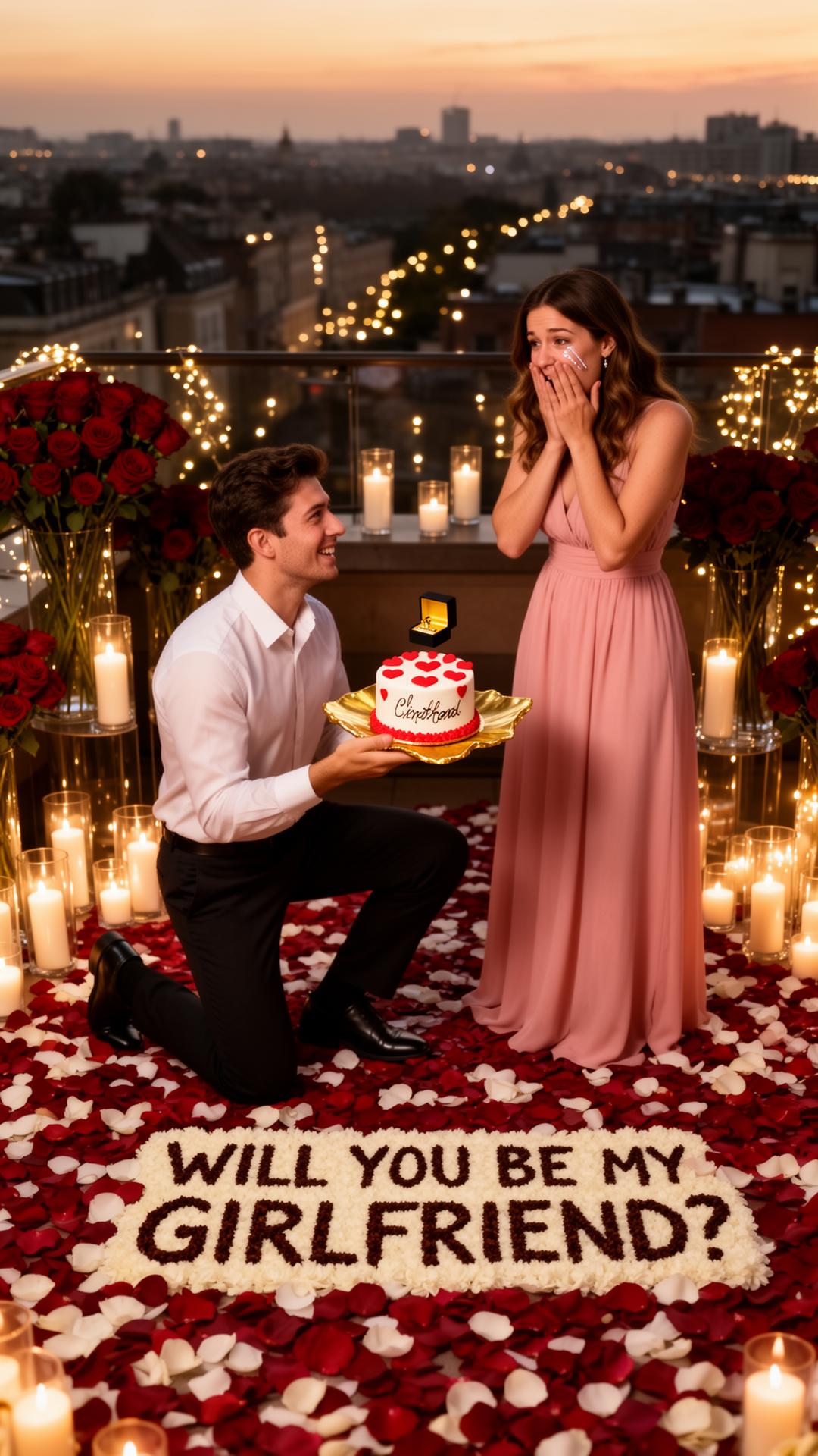Joven arrodillado con anillo en caja dorada presentando mini pastel con corazones rojos a su novia sorprendida con manos en la boca, terraza con cientos de velas y rosas rojas