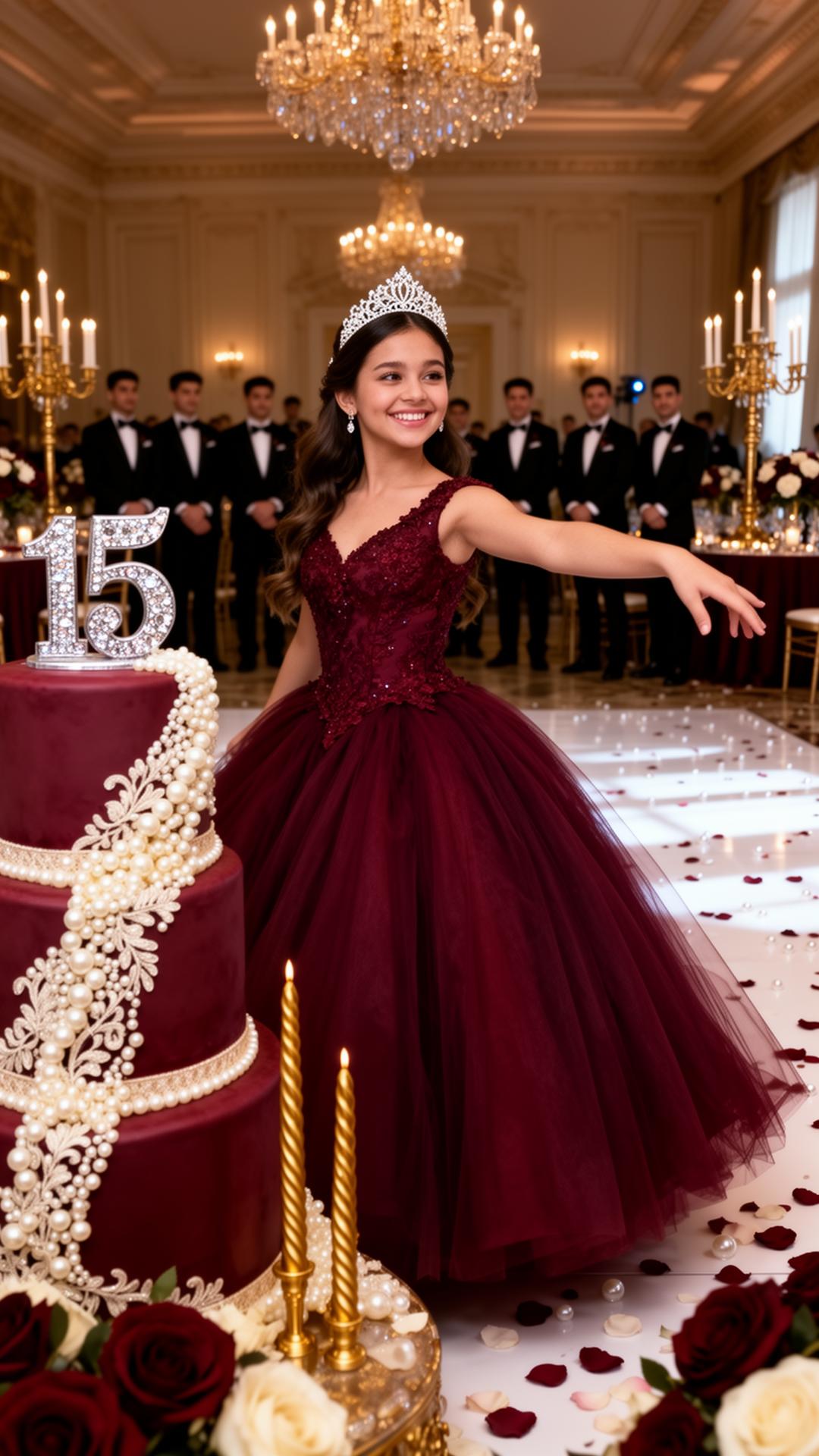Quinceañera con vestido burgundy de tul y tiara de cristales bailando en gran salón con candelabros de cristal, chambelanes de fondo y pastel burgundy con perlas y 15 de cristal