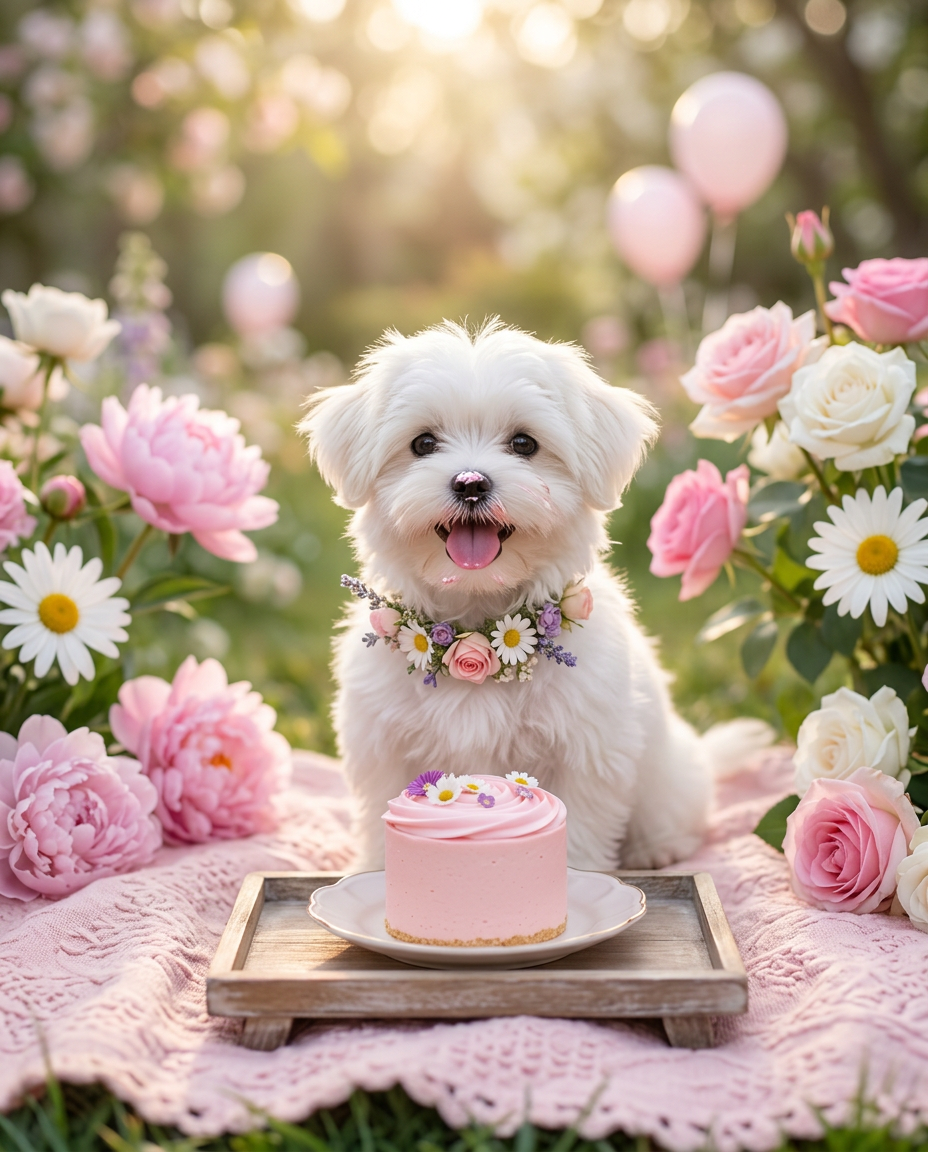 Maltés blanco con collar floral disfrutando su mini pastel rosa en un picnic de jardín entre peonías y rosas